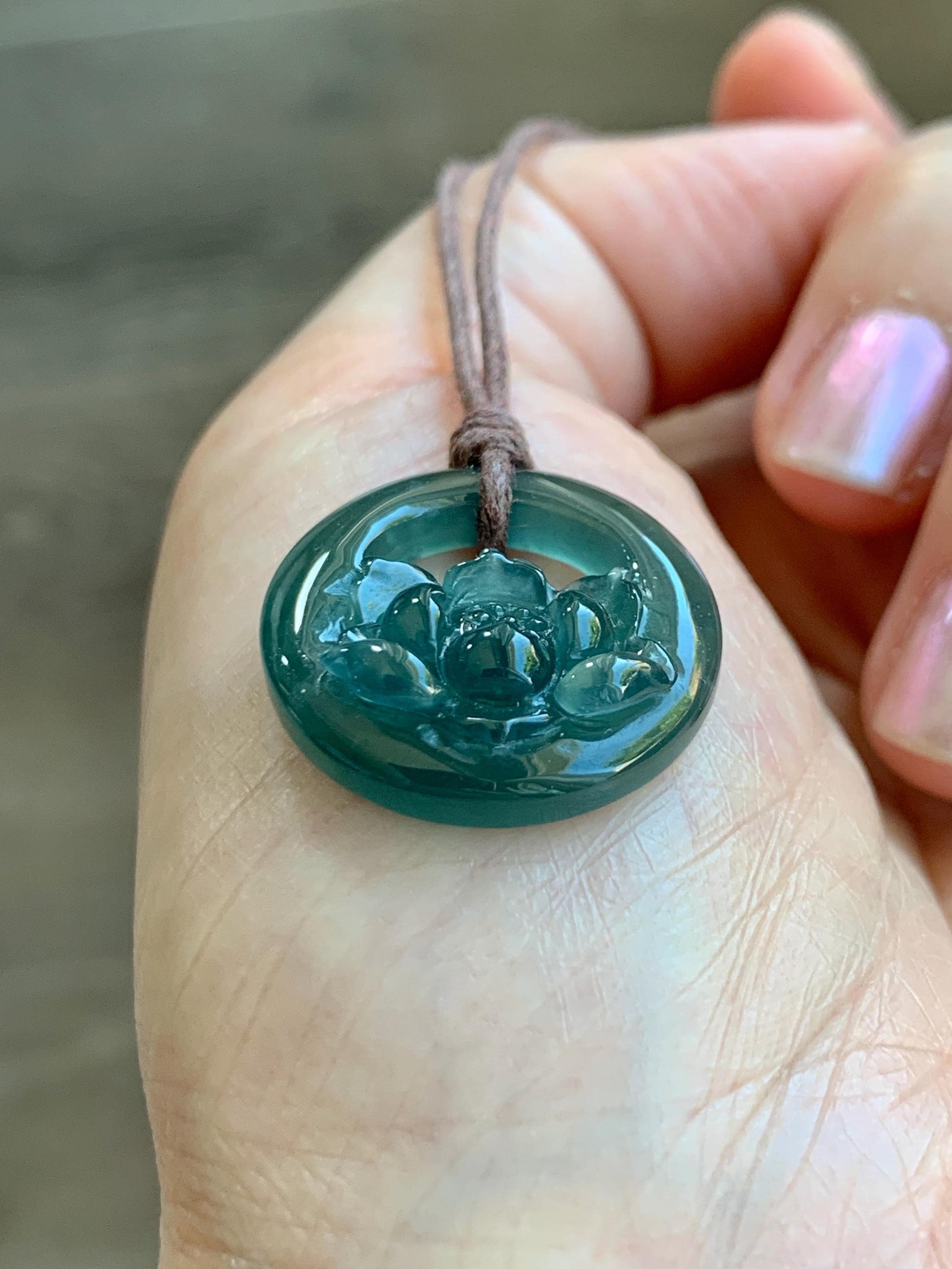 Natural Grade A Guatemalan Icy Translucent Dark Teal Blue Jade Jadeite Lotus Flower Circle Pendant Rope Necklace 19” 天然冰危深蓝翡翠莲花圈吊坠 WLHK180