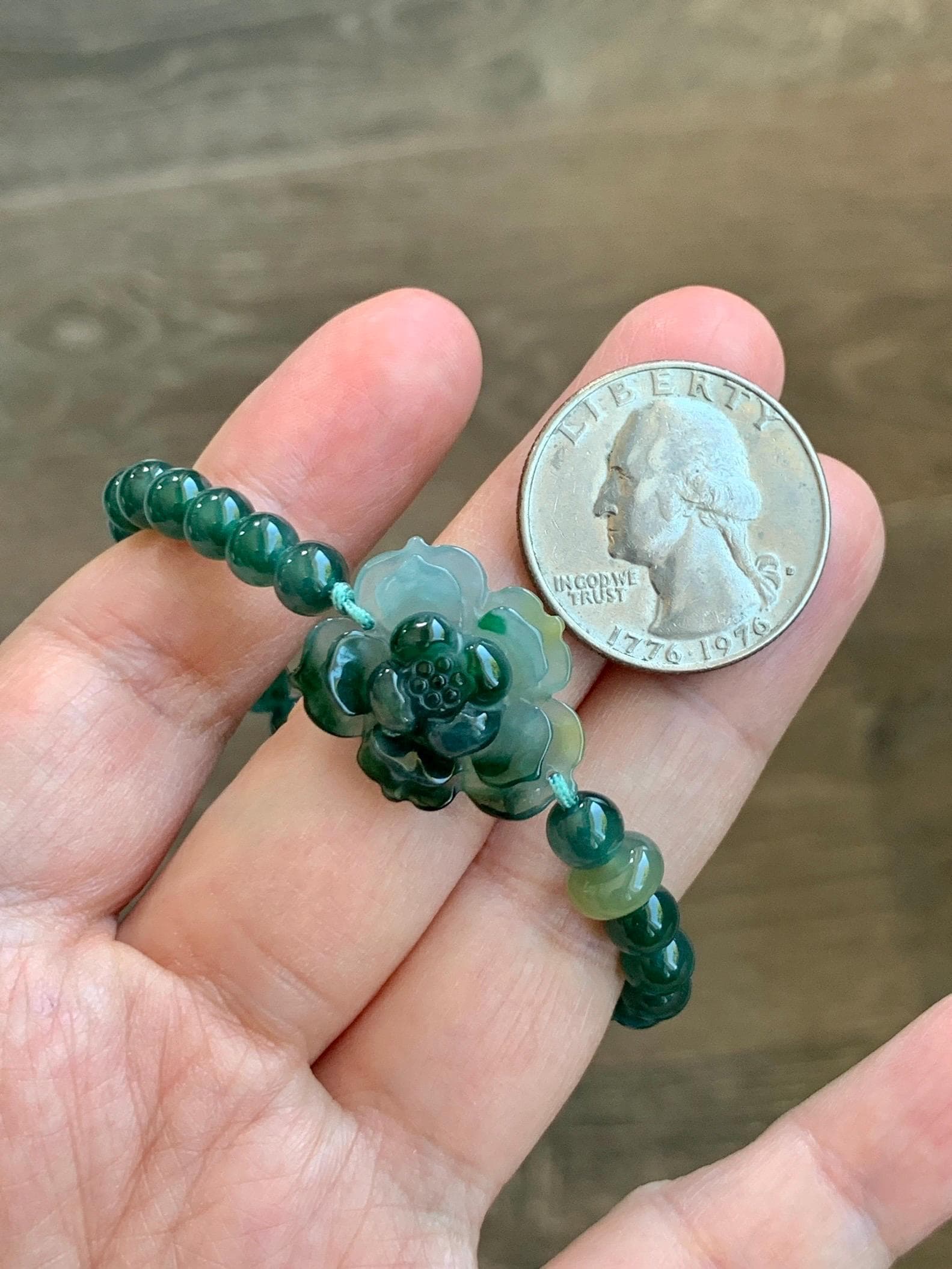 Natural Guatemalan Icy Translucent Dark Teal Yellow Marbled Jade Jadeite Lotus Flower Beaded Bracelet 6.5” 11g 天然冰危深蓝三彩翡翠莲花圆珠手串 WSC132