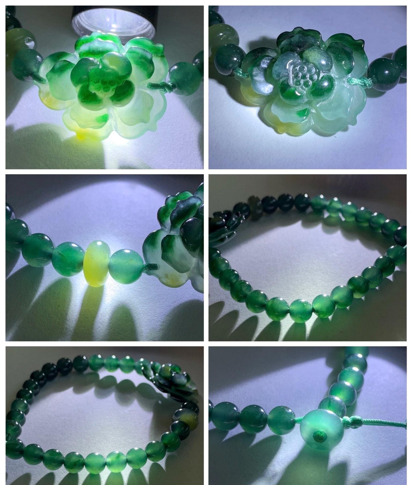Natural Guatemalan Icy Translucent Dark Teal Yellow Marbled Jade Jadeite Lotus Flower Beaded Bracelet 6.5” 11g 天然冰危深蓝三彩翡翠莲花圆珠手串 WSC132