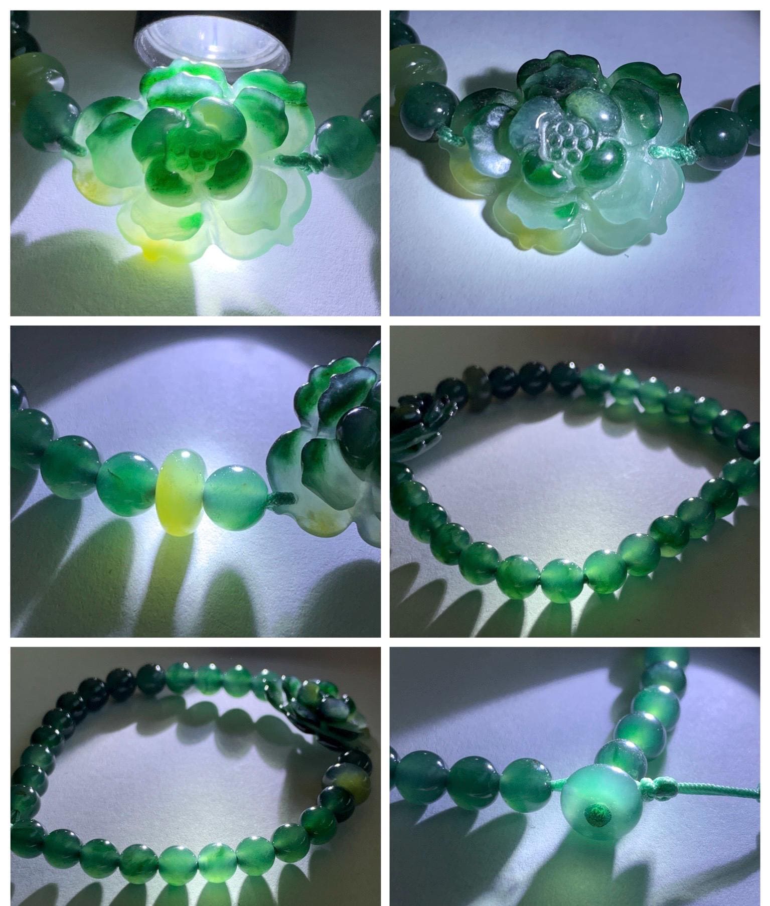 Natural Guatemalan Icy Translucent Dark Teal Yellow Marbled Jade Jadeite Lotus Flower Beaded Bracelet 6.5” 11g 天然冰危深蓝三彩翡翠莲花圆珠手串 WSC132