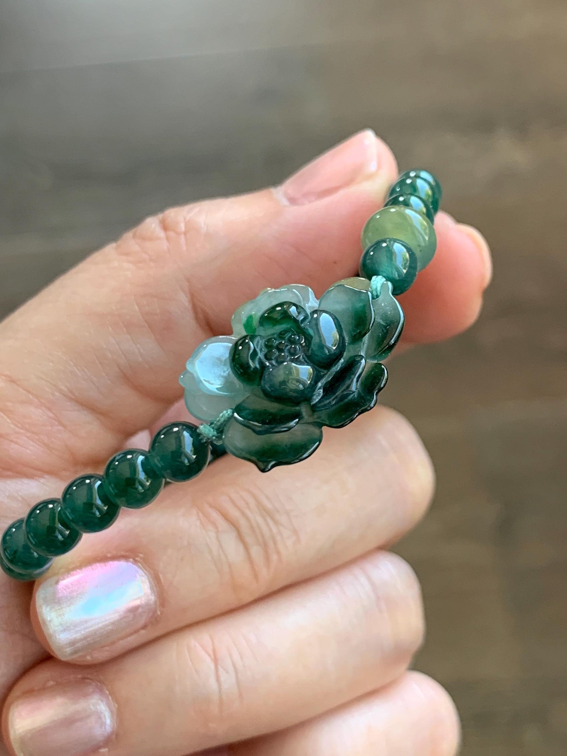 Natural Guatemalan Icy Translucent Dark Teal Yellow Marbled Jade Jadeite Lotus Flower Beaded Bracelet 6.5” 11g 天然冰危深蓝三彩翡翠莲花圆珠手串 WSC132