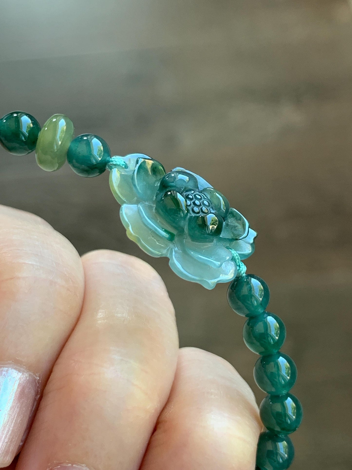 Natural Guatemalan Icy Translucent Dark Teal Yellow Marbled Jade Jadeite Lotus Flower Beaded Bracelet 6.5” 11g 天然冰危深蓝三彩翡翠莲花圆珠手串 WSC132
