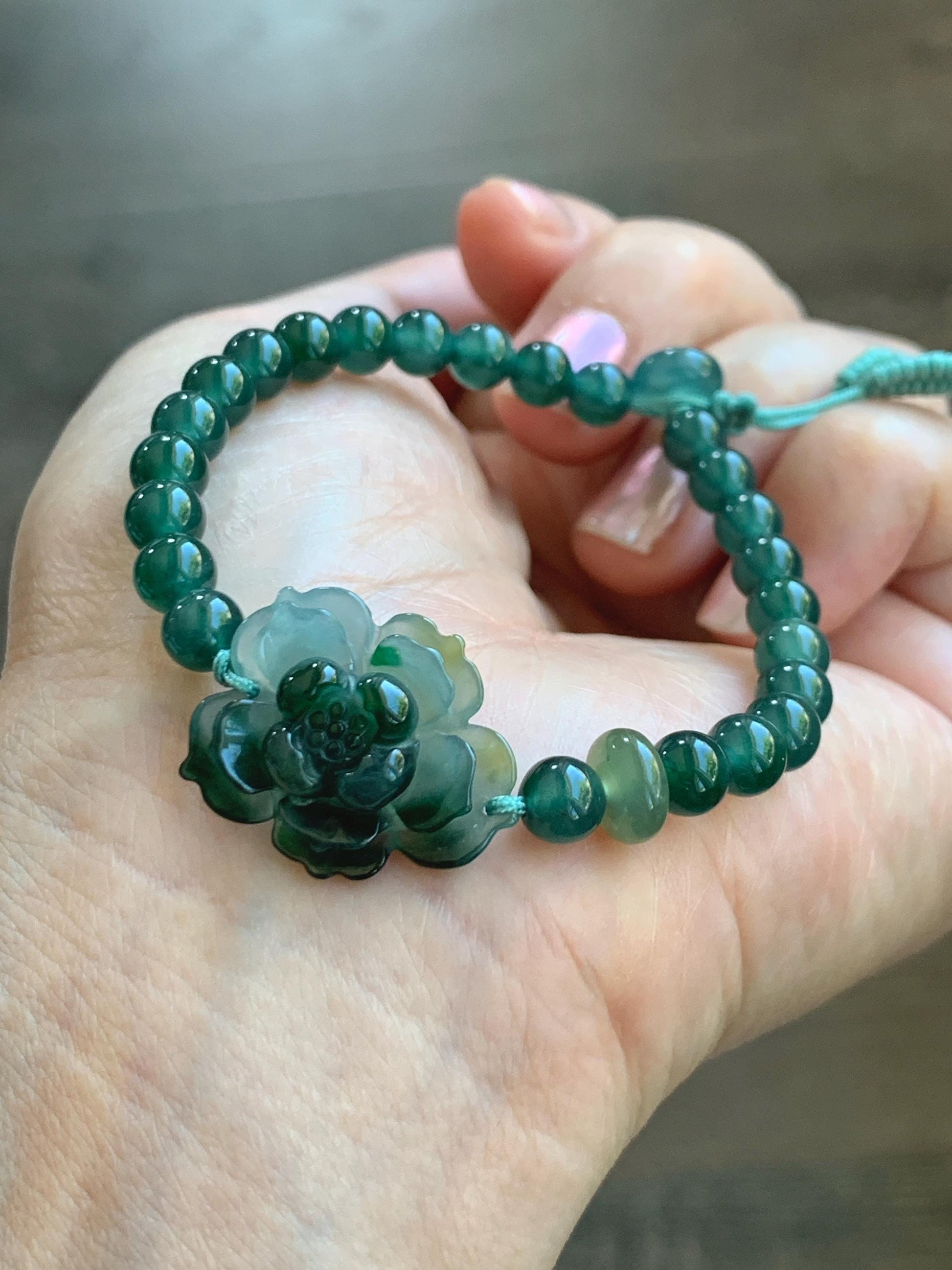 Natural Guatemalan Icy Translucent Dark Teal Yellow Marbled Jade Jadeite Lotus Flower Beaded Bracelet 6.5” 11g 天然冰危深蓝三彩翡翠莲花圆珠手串 WSC132
