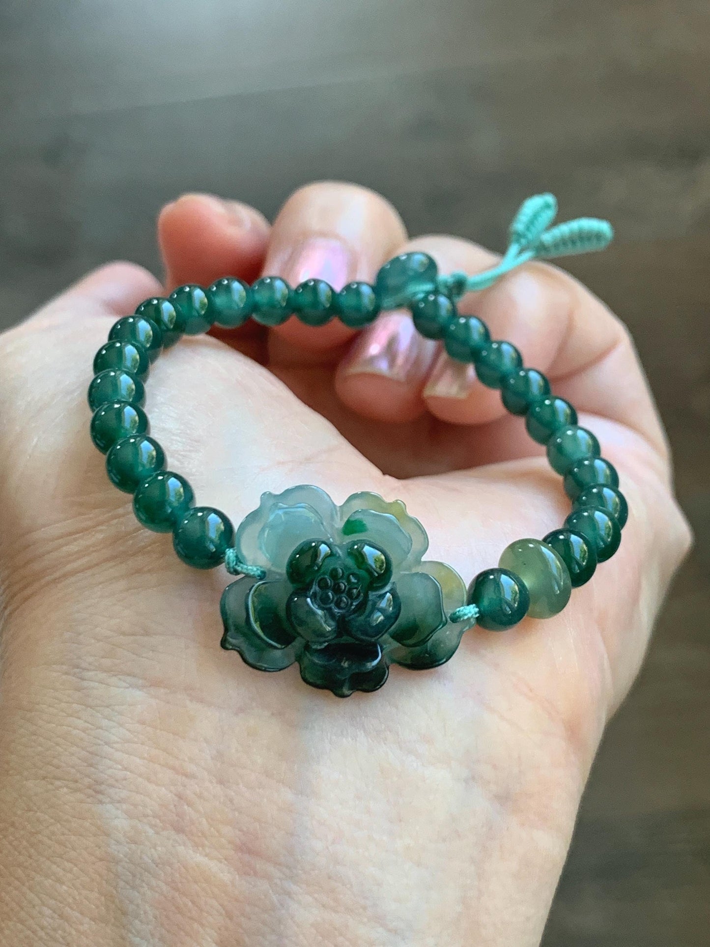 Natural Guatemalan Icy Translucent Dark Teal Yellow Marbled Jade Jadeite Lotus Flower Beaded Bracelet 6.5” 11g 天然冰危深蓝三彩翡翠莲花圆珠手串 WSC132