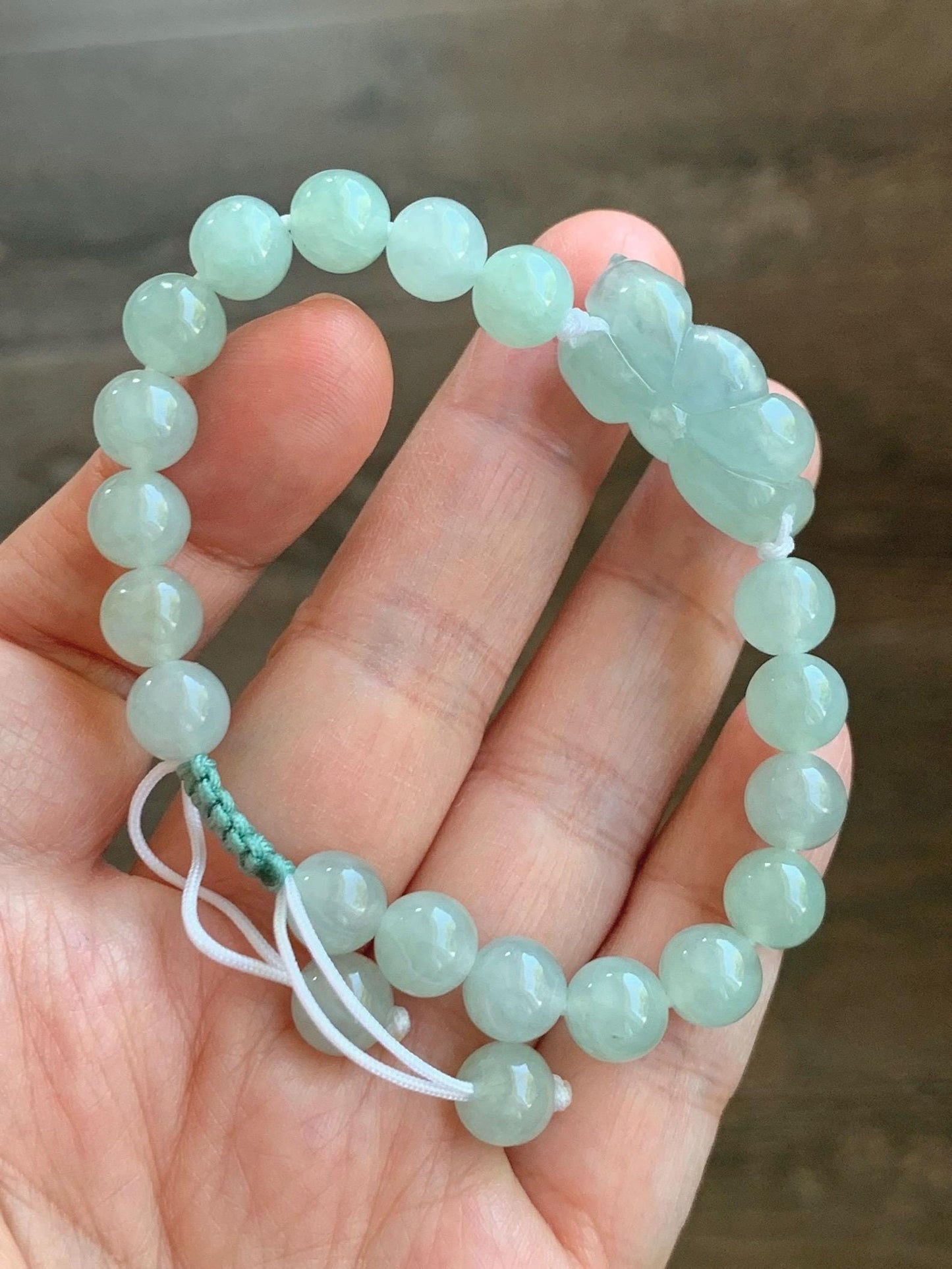 Natural Grade A Icy Highly Translucent Pastel Green Jade Jadeite Lotus Flower Beaded Bracelet 6.75" 23g 天然冰胶晴色翡翠莲花圆珠手串 MQL132