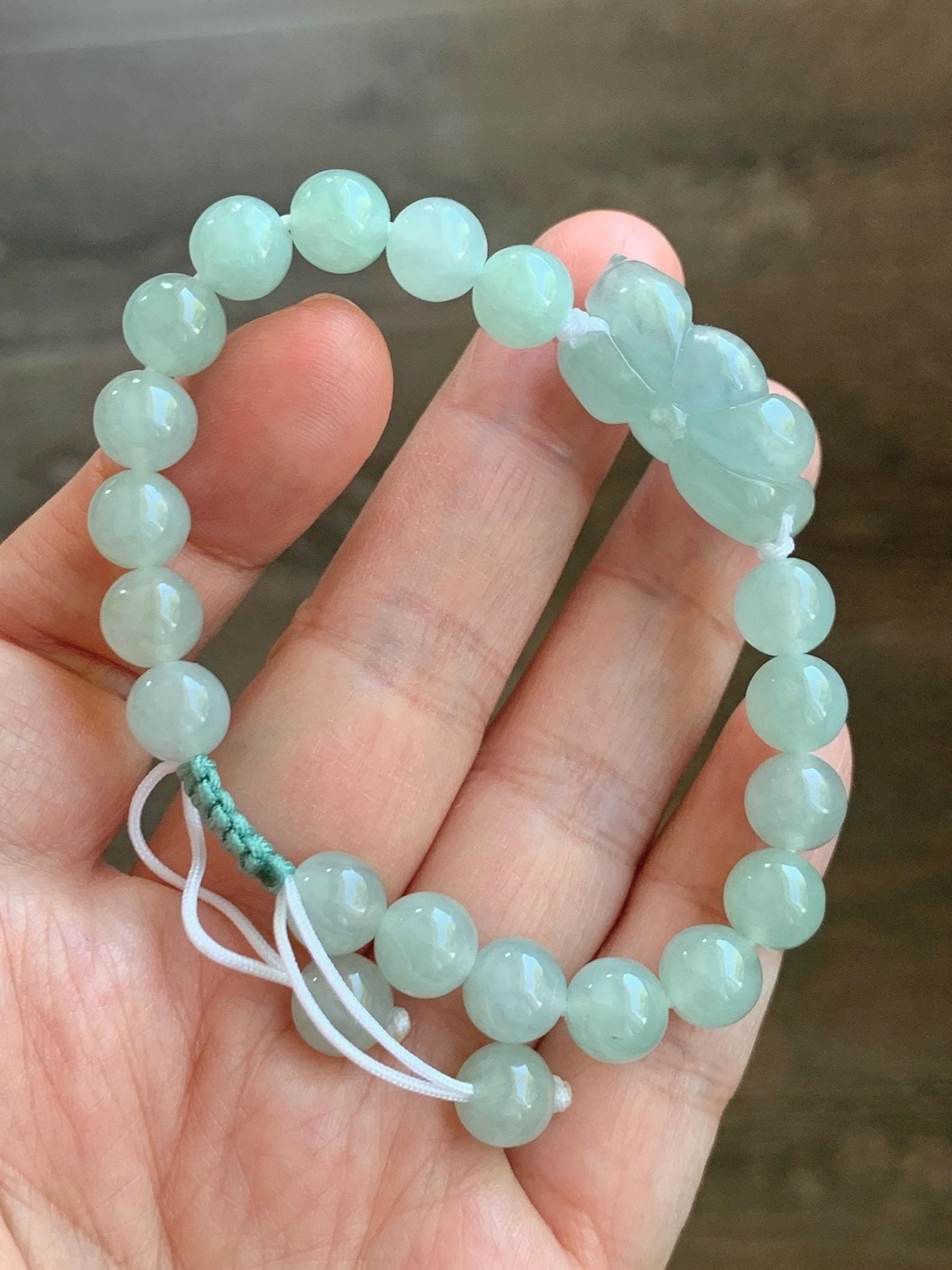 Natural Grade A Icy Highly Translucent Pastel Green Jade Jadeite Lotus Flower Beaded Bracelet 6.75" 23g 天然冰胶晴色翡翠莲花圆珠手串 MQL132