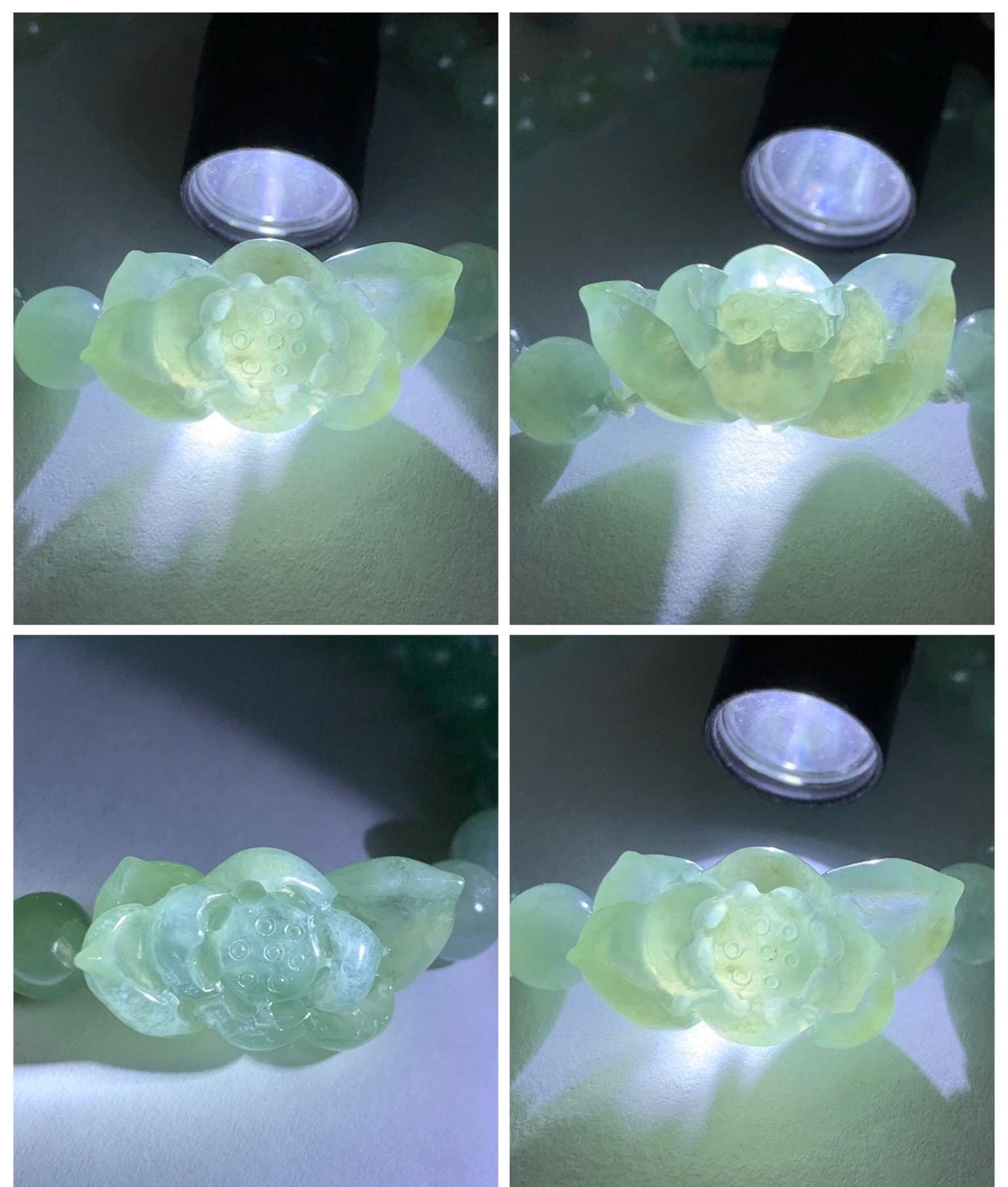 Natural Grade A Icy Highly Translucent Pastel Green Jade Jadeite Lotus Flower Beaded Bracelet 6.75" 23g 天然冰胶晴色翡翠莲花圆珠手串 MQL132