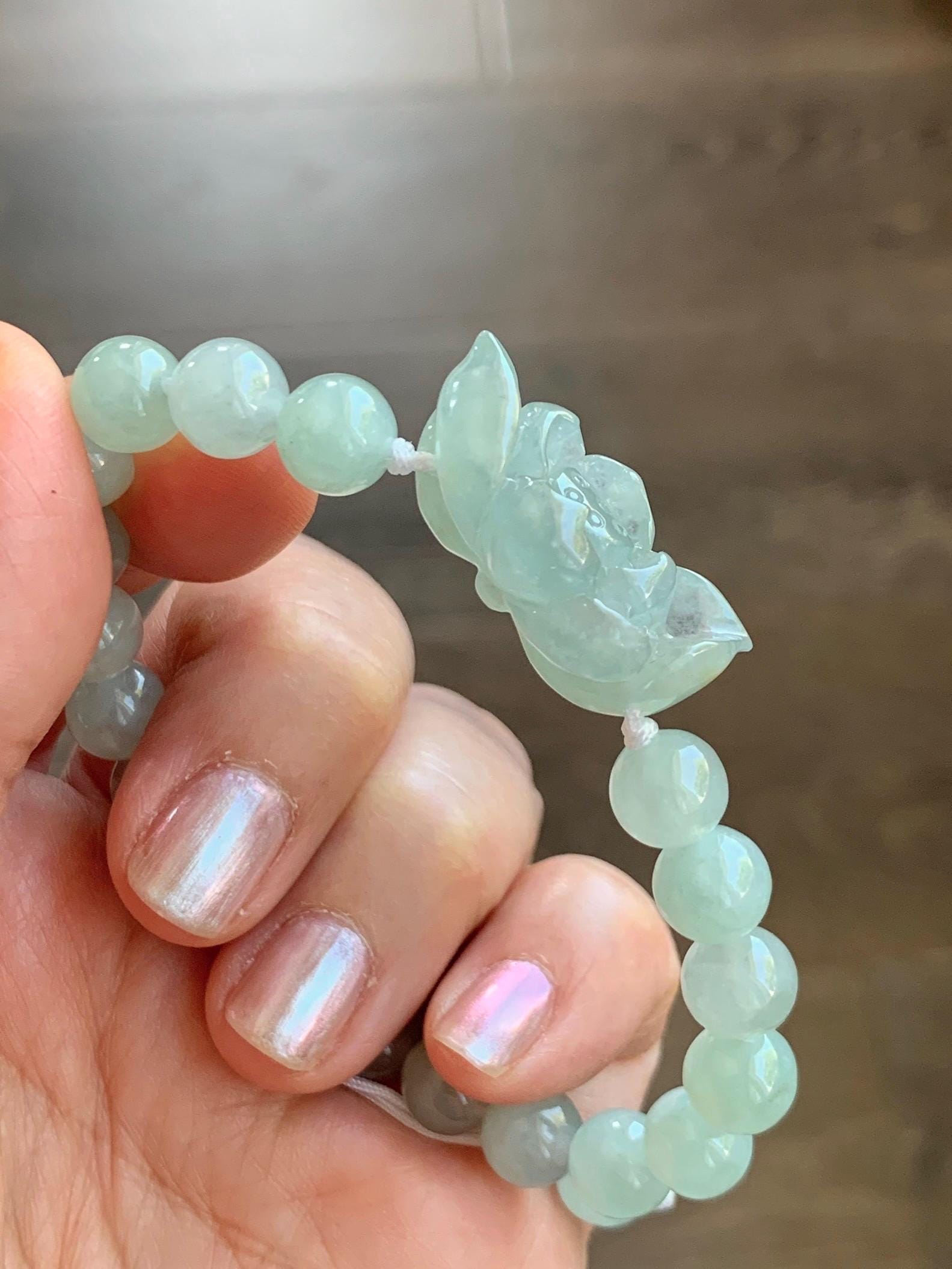 Natural Grade A Icy Highly Translucent Pastel Green Jade Jadeite Lotus Flower Beaded Bracelet 6.75" 23g 天然冰胶晴色翡翠莲花圆珠手串 MQL132