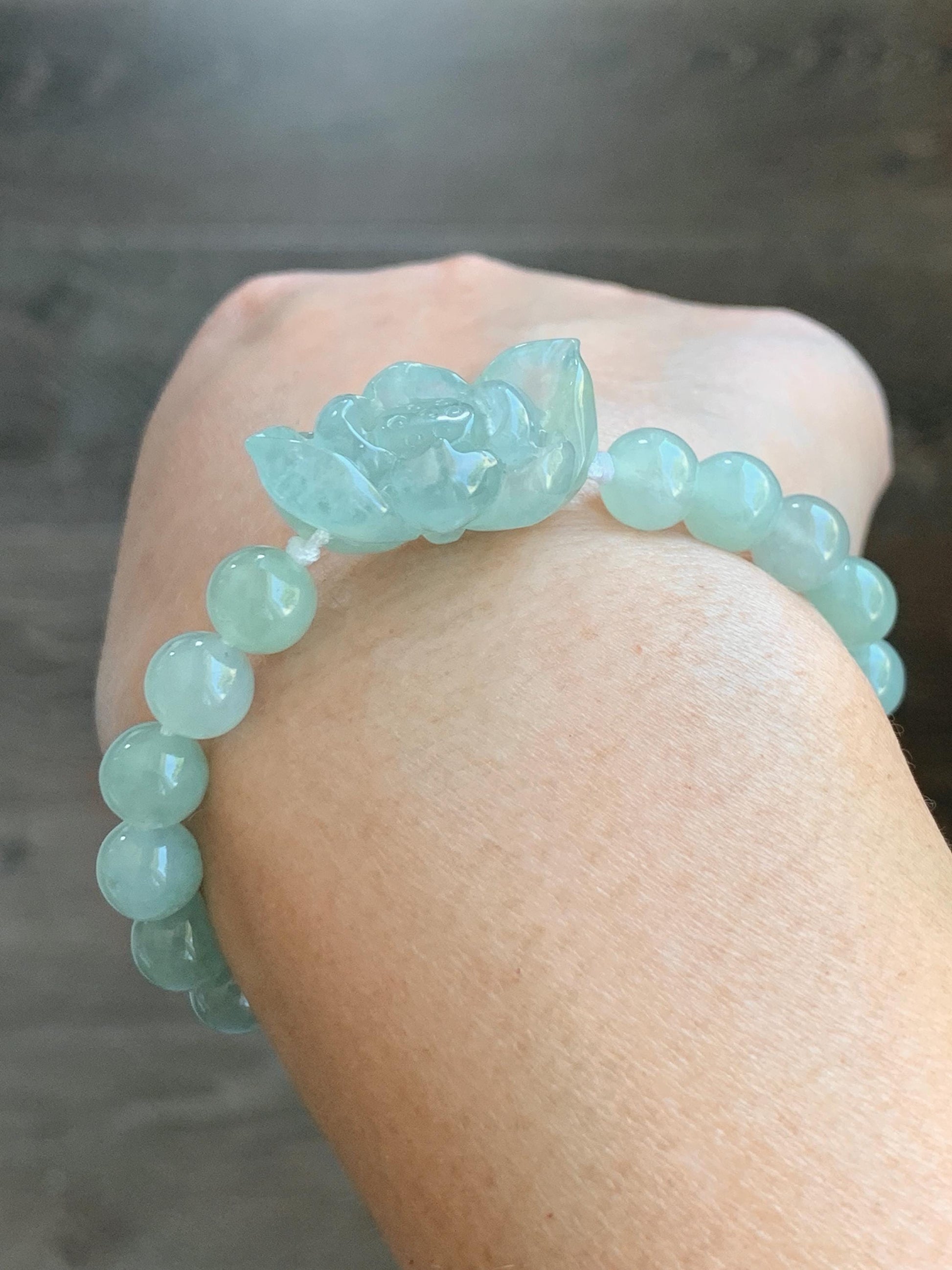 Natural Grade A Icy Highly Translucent Pastel Green Jade Jadeite Lotus Flower Beaded Bracelet 6.75" 23g 天然冰胶晴色翡翠莲花圆珠手串 MQL132