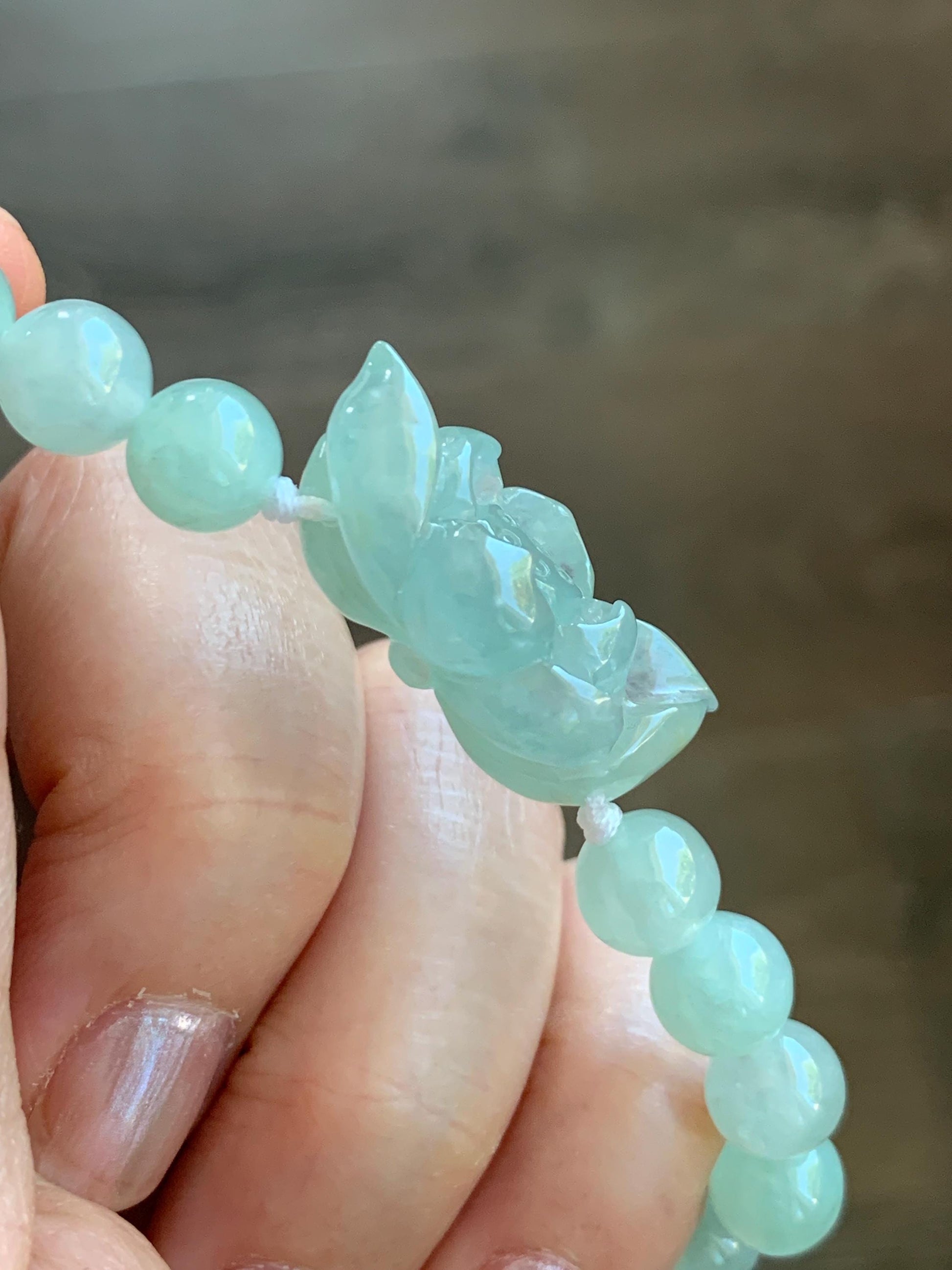 Natural Grade A Icy Highly Translucent Pastel Green Jade Jadeite Lotus Flower Beaded Bracelet 6.75" 23g 天然冰胶晴色翡翠莲花圆珠手串 MQL132