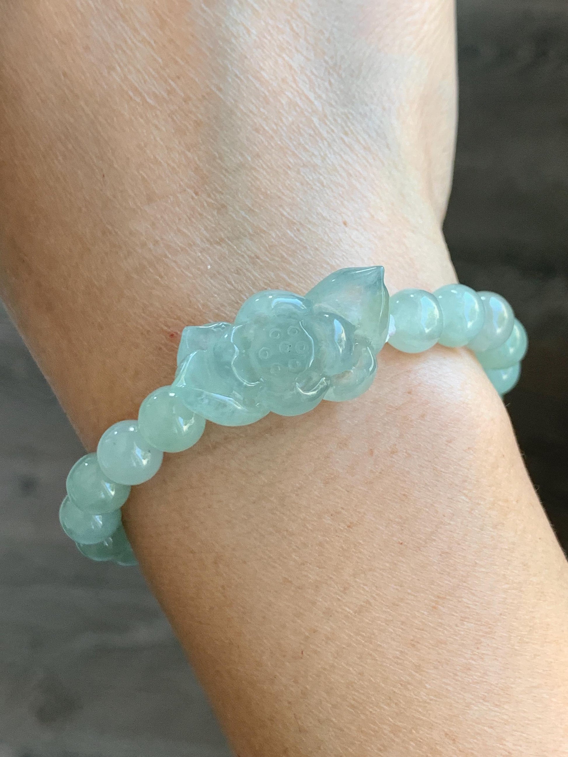 Natural Grade A Icy Highly Translucent Pastel Green Jade Jadeite Lotus Flower Beaded Bracelet 6.75" 23g 天然冰胶晴色翡翠莲花圆珠手串 MQL132