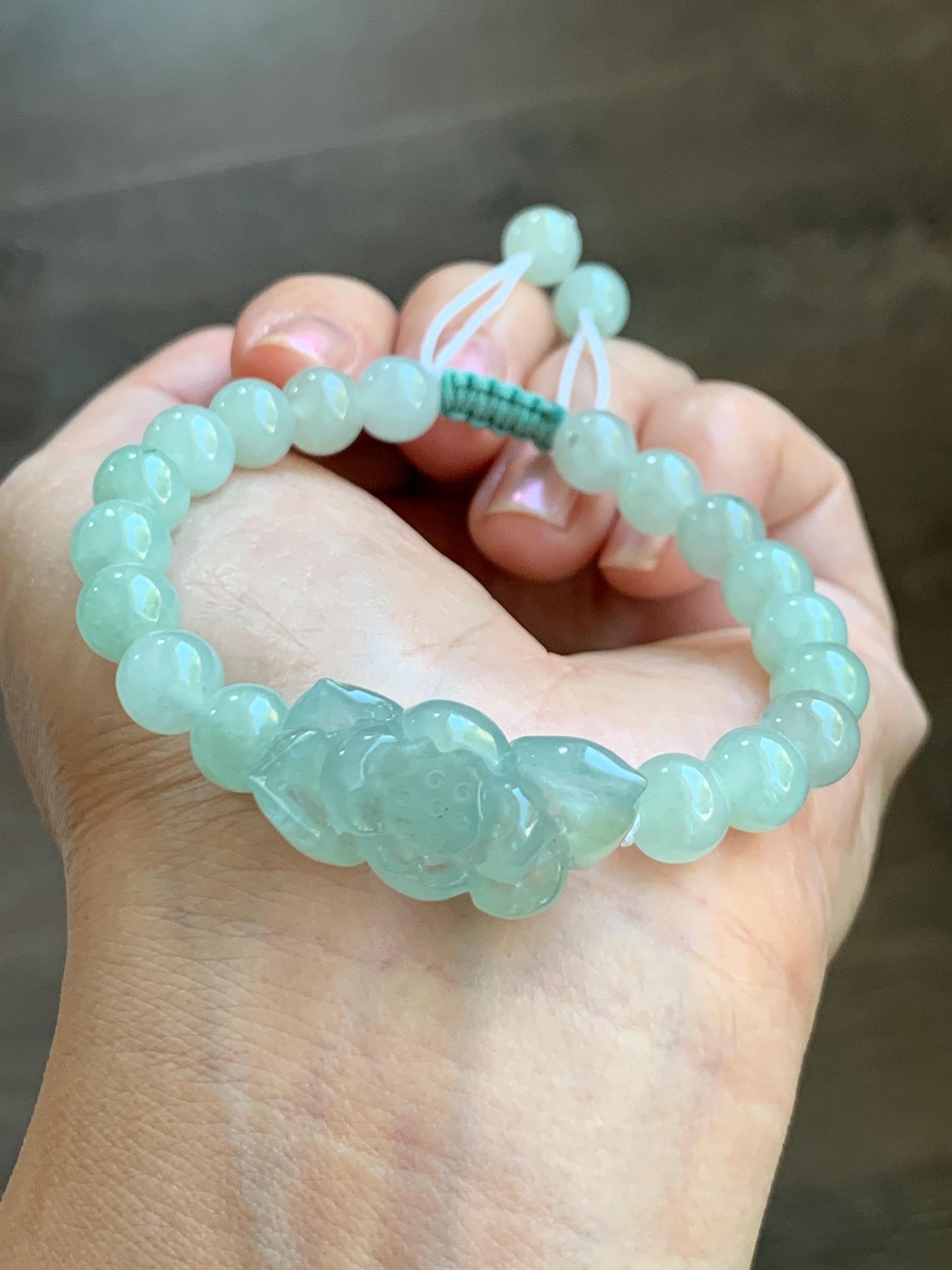 Natural Grade A Icy Highly Translucent Pastel Green Jade Jadeite Lotus Flower Beaded Bracelet 6.75" 23g 天然冰胶晴色翡翠莲花圆珠手串 MQL132