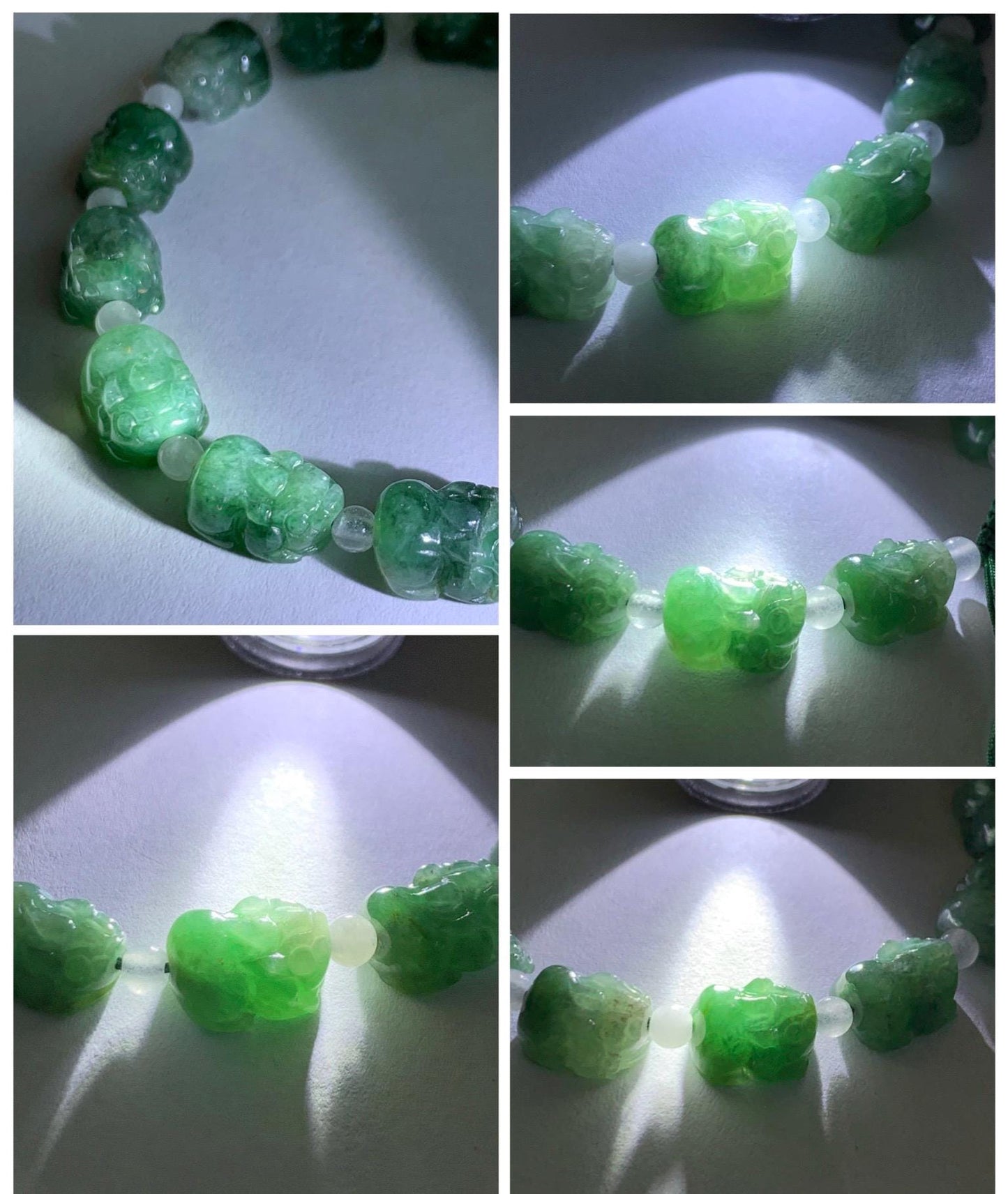 Natural Grade A Icy Translucent Spinach Green Marbled Jade Jadeite Pixiu Beads Beaded Bracelet 6.75" 12g 天然菠菜绿飘花翡翠貔貅珠手串 MPX132