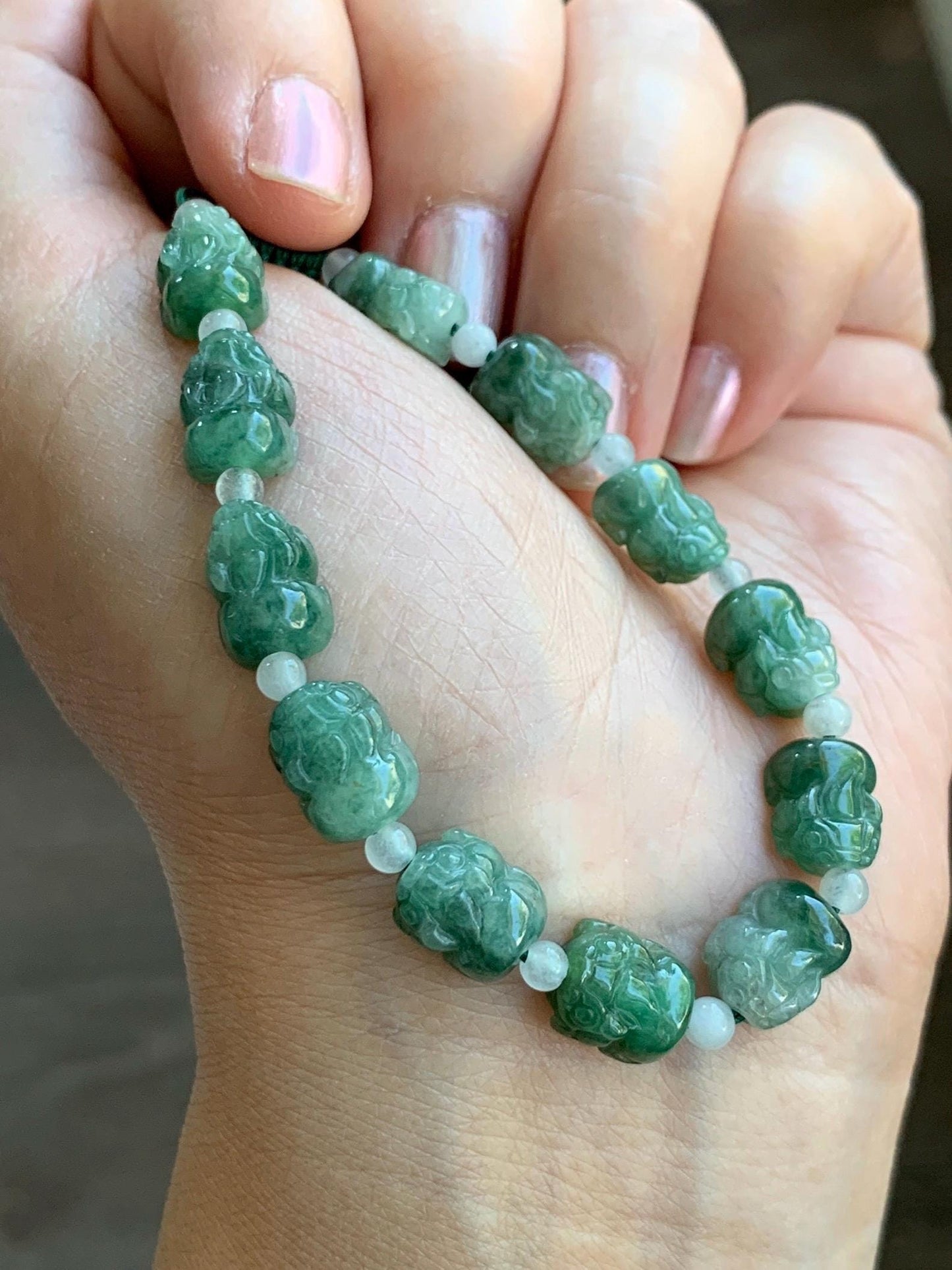 Natural Grade A Icy Translucent Spinach Green Marbled Jade Jadeite Pixiu Beads Beaded Bracelet 6.75" 12g 天然菠菜绿飘花翡翠貔貅珠手串 MPX132