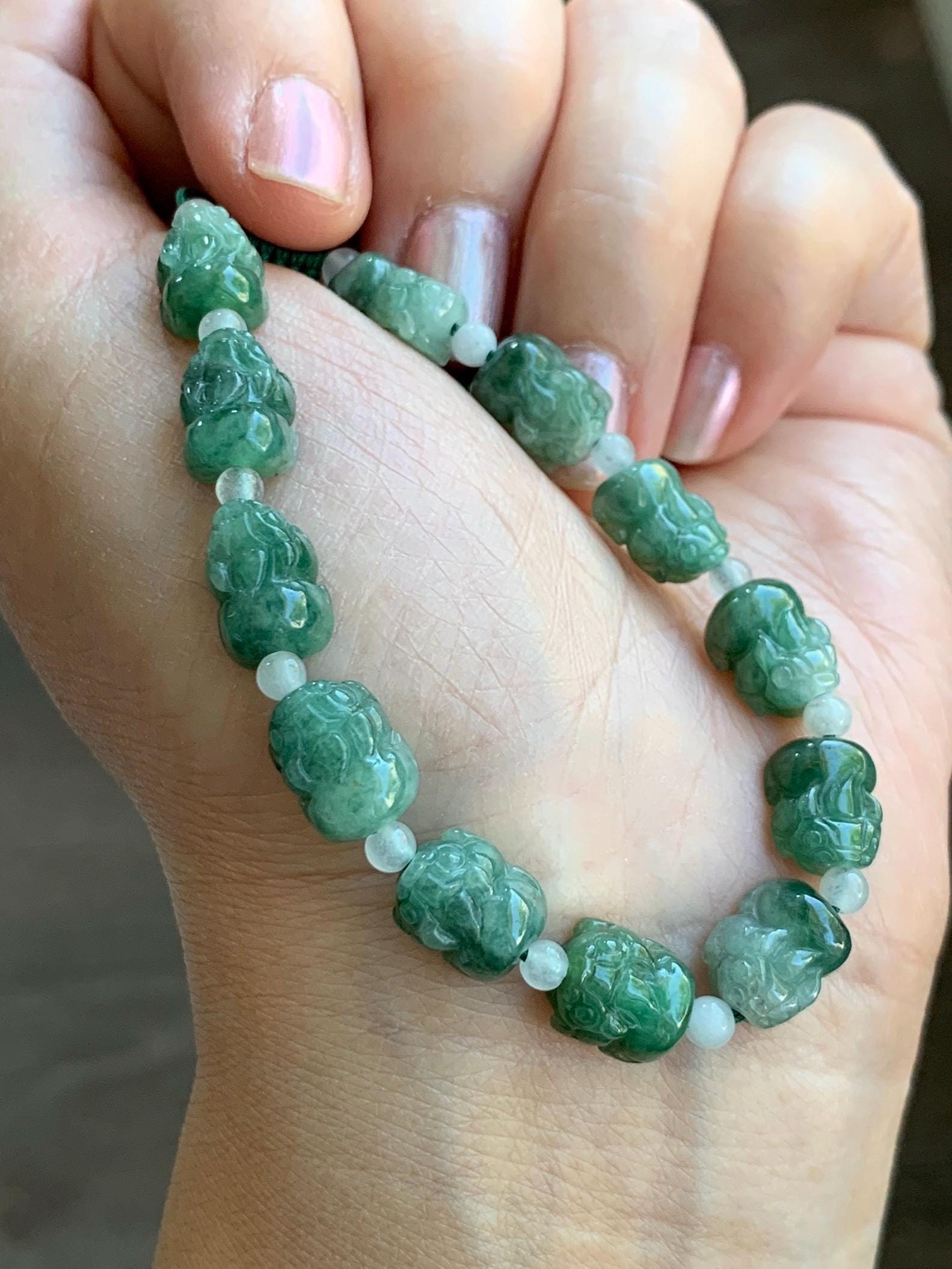 Natural Grade A Icy Translucent Spinach Green Marbled Jade Jadeite Pixiu Beads Beaded Bracelet 6.75" 12g 天然菠菜绿飘花翡翠貔貅珠手串 MPX132