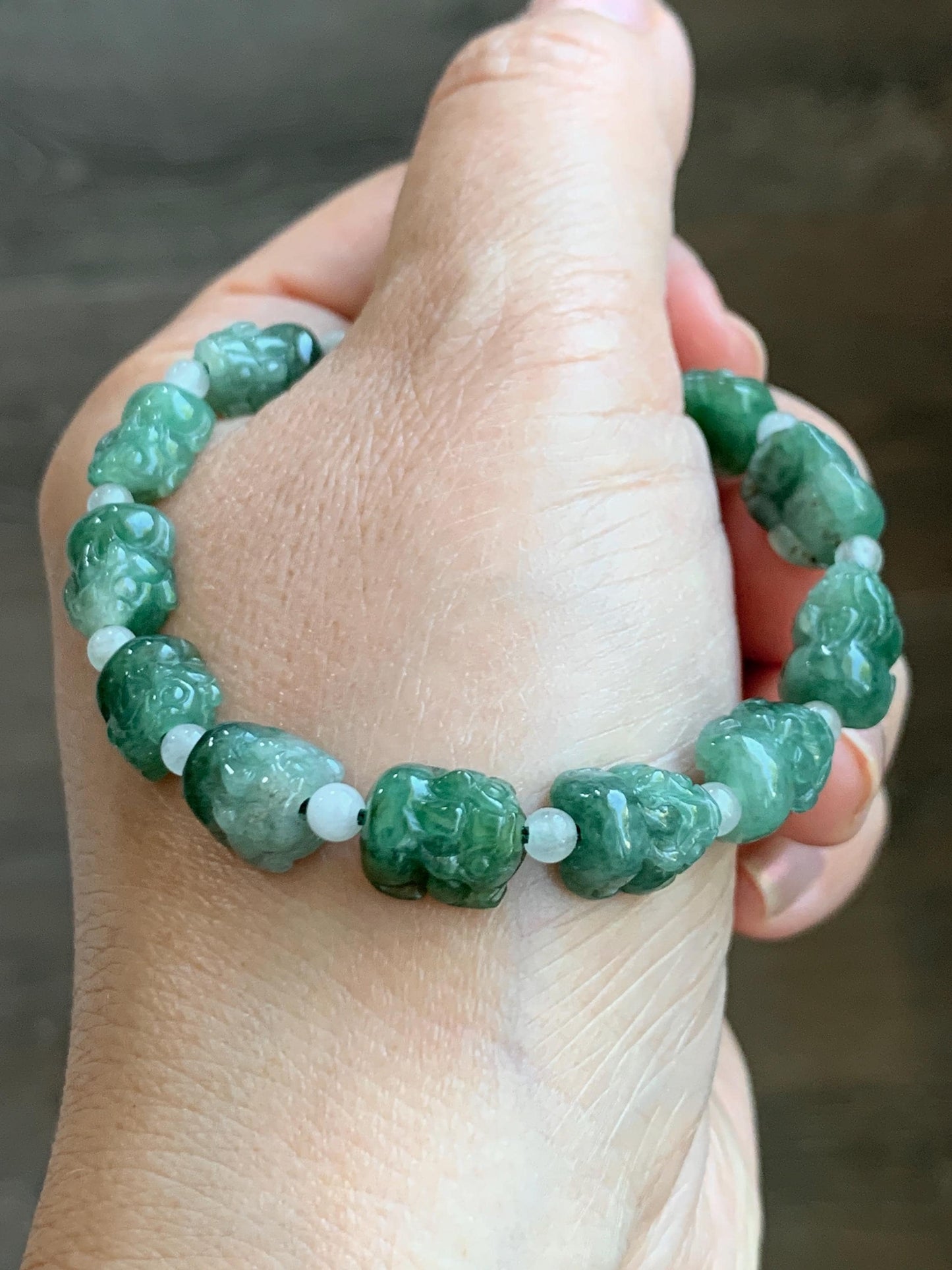 Natural Grade A Icy Translucent Spinach Green Marbled Jade Jadeite Pixiu Beads Beaded Bracelet 6.75" 12g 天然菠菜绿飘花翡翠貔貅珠手串 MPX132