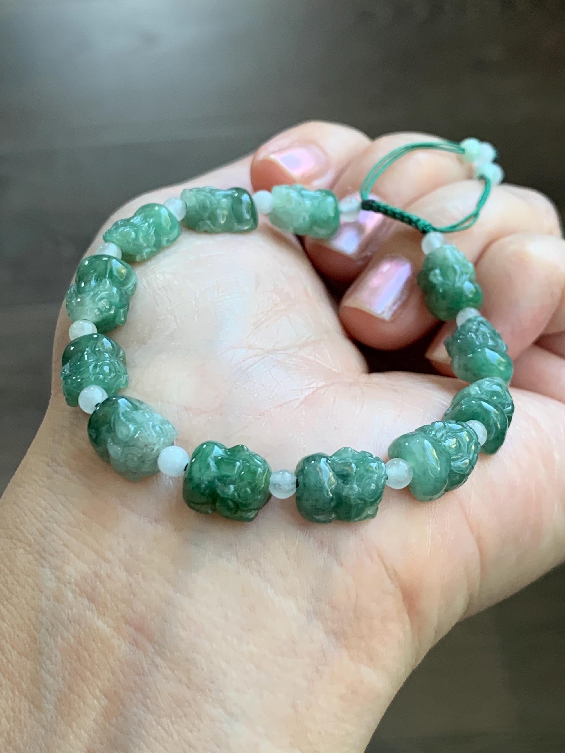 Natural Grade A Icy Translucent Spinach Green Marbled Jade Jadeite Pixiu Beads Beaded Bracelet 6.75" 12g 天然菠菜绿飘花翡翠貔貅珠手串 MPX132