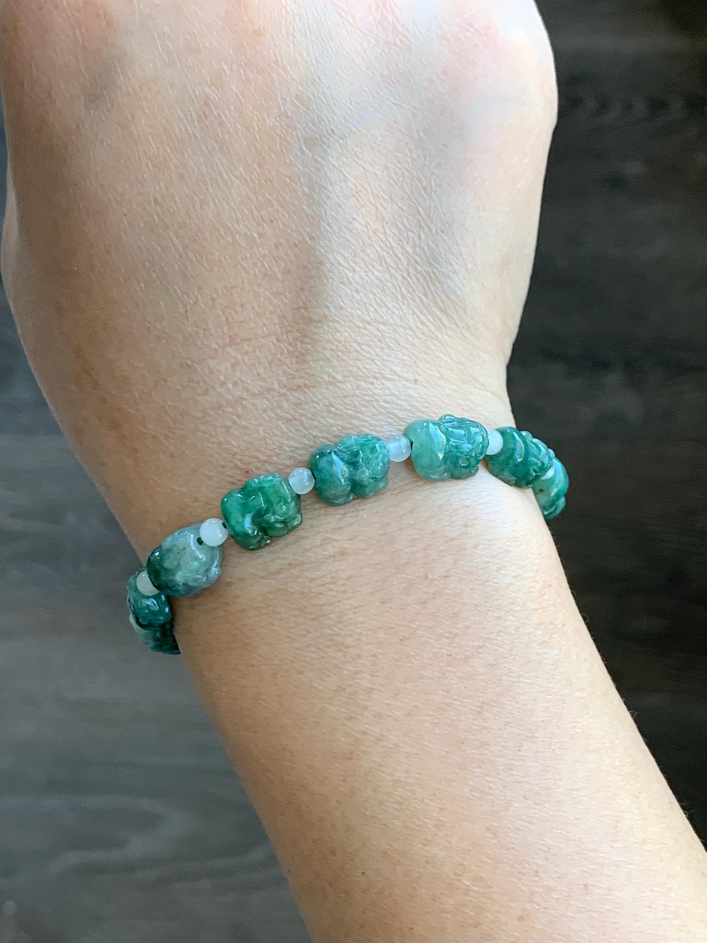 Natural Grade A Icy Translucent Spinach Green Marbled Jade Jadeite Pixiu Beads Beaded Bracelet 6.75" 12g 天然菠菜绿飘花翡翠貔貅珠手串 MPX132