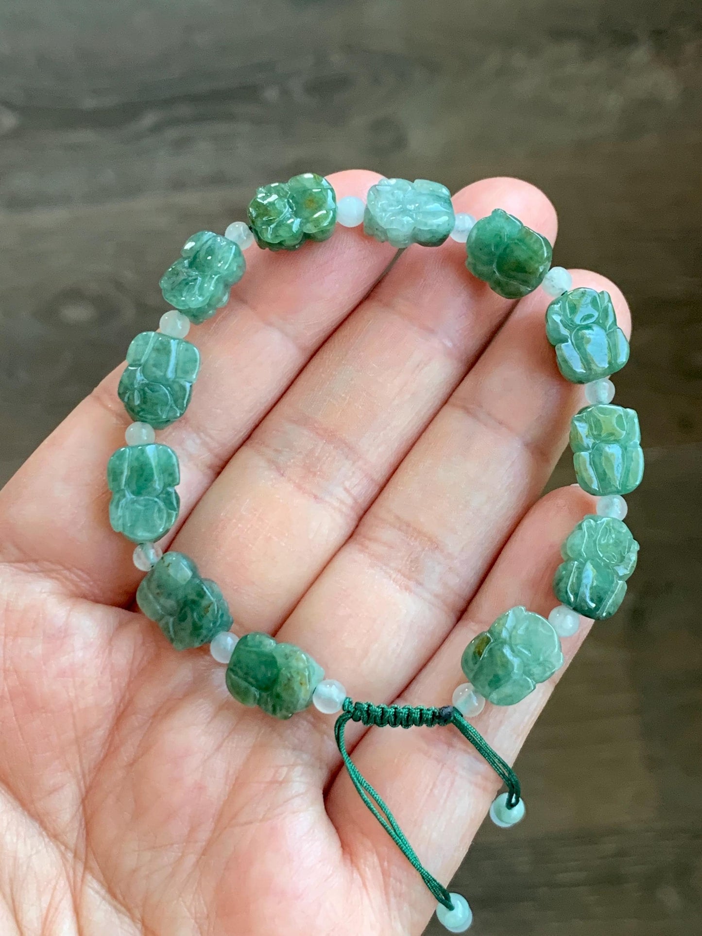 Natural Grade A Icy Translucent Spinach Green Marbled Jade Jadeite Pixiu Beads Beaded Bracelet 6.75" 12g 天然菠菜绿飘花翡翠貔貅珠手串 MPX132