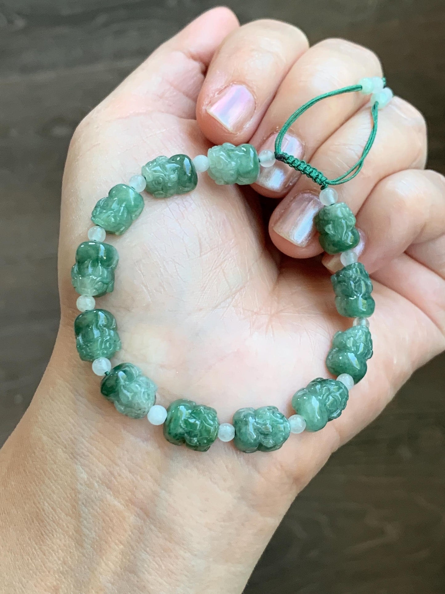 Natural Grade A Icy Translucent Spinach Green Marbled Jade Jadeite Pixiu Beads Beaded Bracelet 6.75" 12g 天然菠菜绿飘花翡翠貔貅珠手串 MPX132