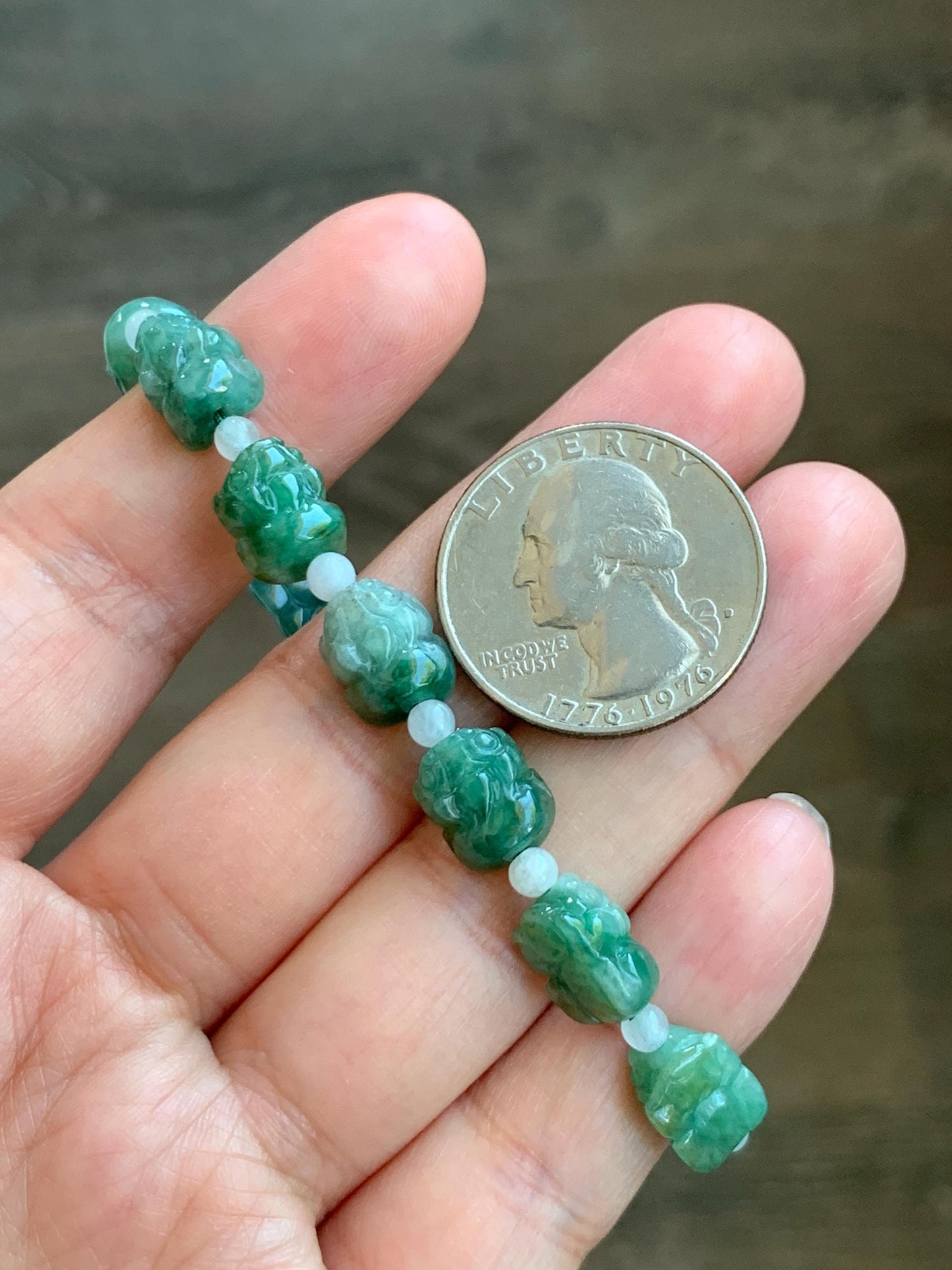 Natural Grade A Icy Translucent Spinach Green Marbled Jade Jadeite Pixiu Beads Beaded Bracelet 6.75" 12g 天然菠菜绿飘花翡翠貔貅珠手串 MPX132