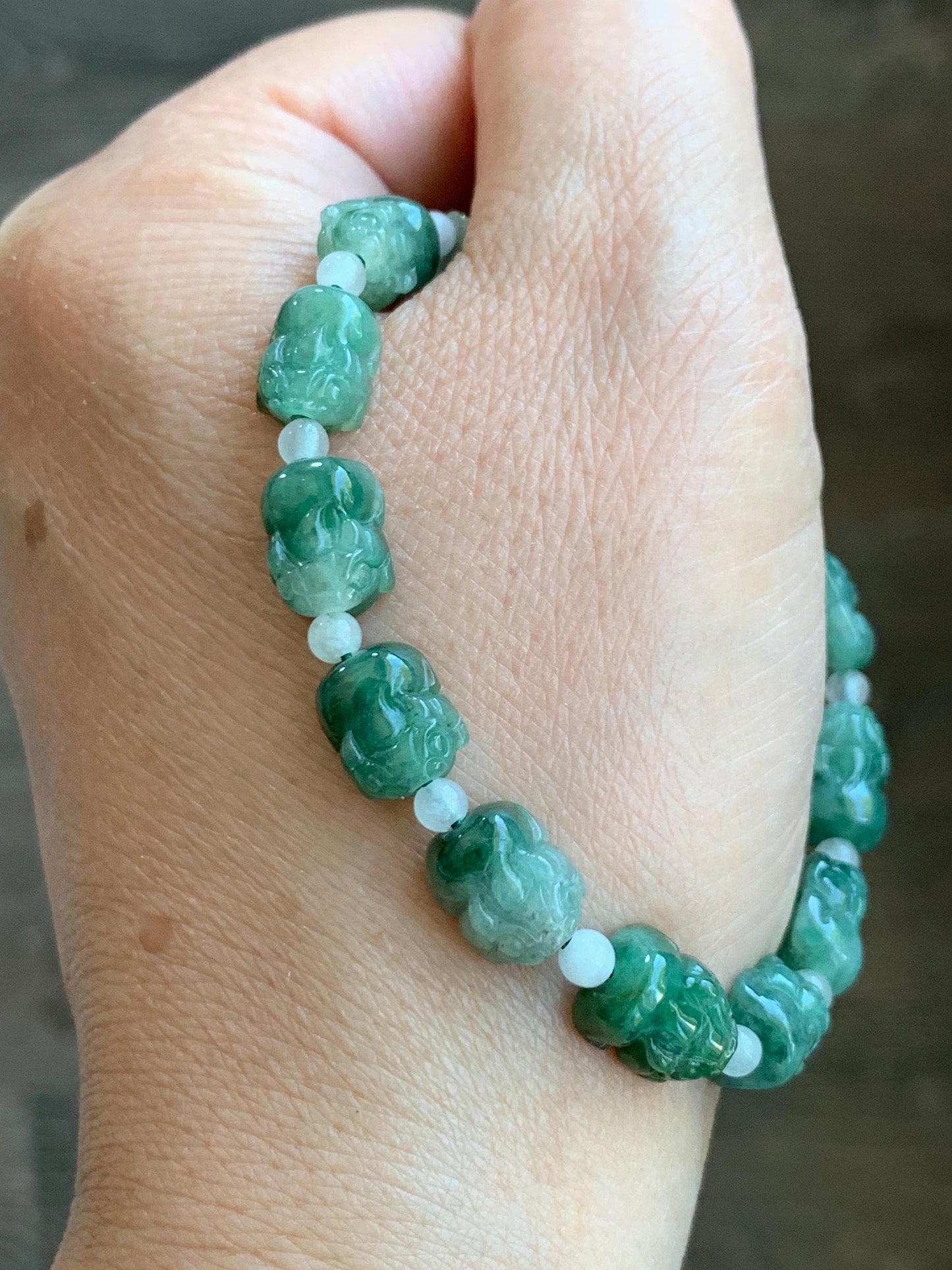 Natural Grade A Icy Translucent Spinach Green Marbled Jade Jadeite Pixiu Beads Beaded Bracelet 6.75" 12g 天然菠菜绿飘花翡翠貔貅珠手串 MPX132