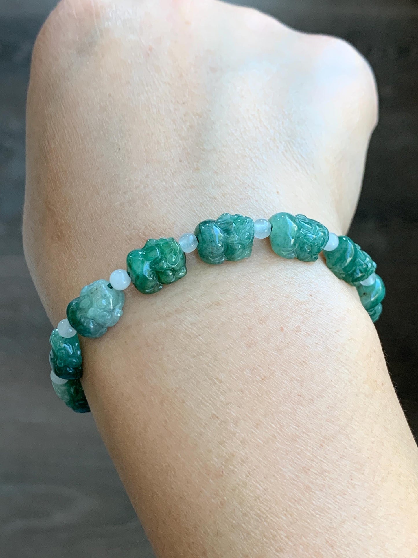 Natural Grade A Icy Translucent Spinach Green Marbled Jade Jadeite Pixiu Beads Beaded Bracelet 6.75" 12g 天然菠菜绿飘花翡翠貔貅珠手串 MPX132