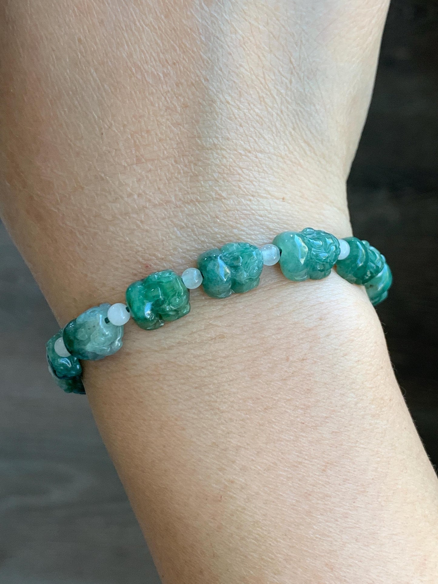 Natural Grade A Icy Translucent Spinach Green Marbled Jade Jadeite Pixiu Beads Beaded Bracelet 6.75" 12g 天然菠菜绿飘花翡翠貔貅珠手串 MPX132