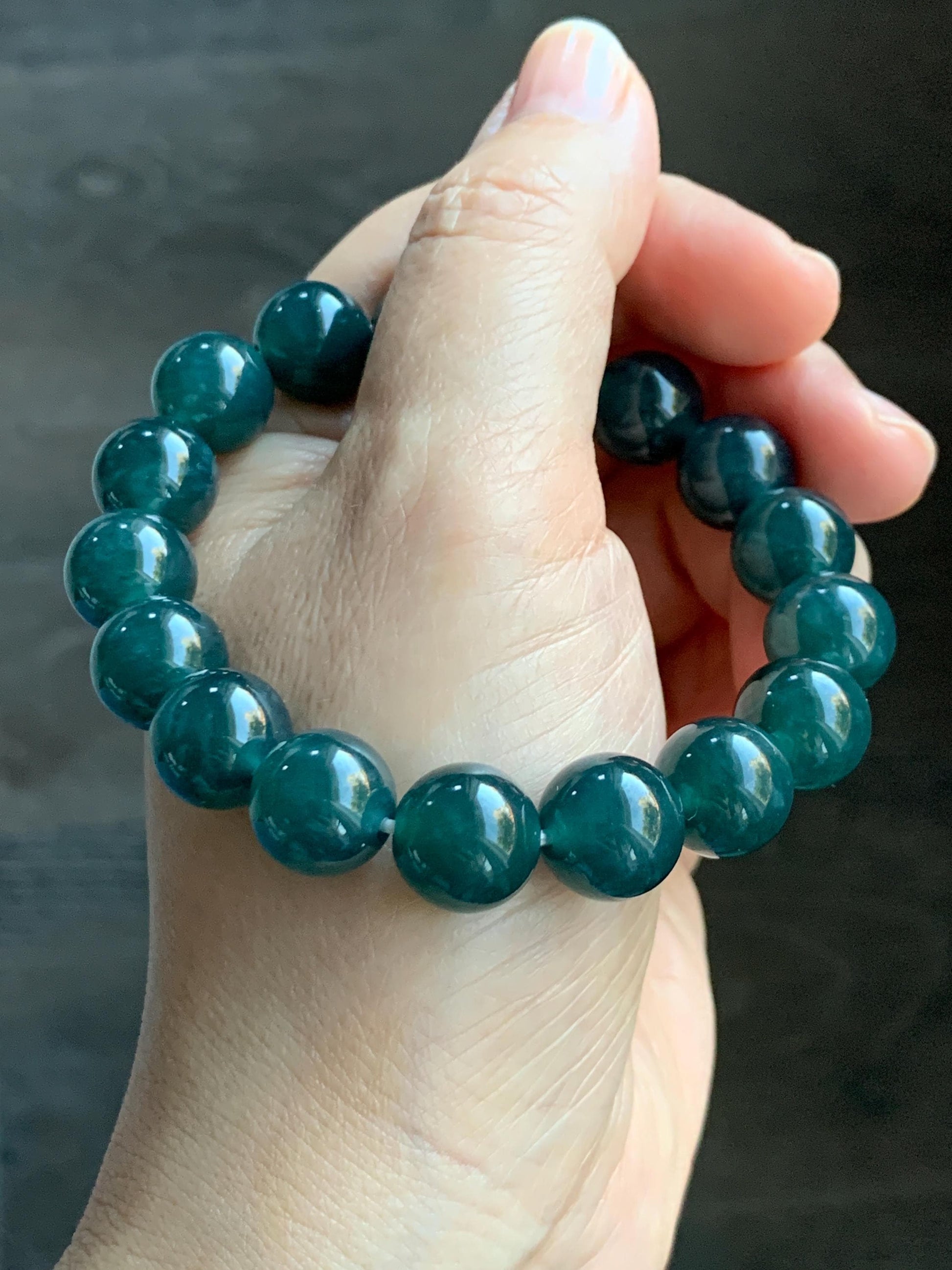 Natural Guatemalan Grade A Icy Translucent Dark Teal Blue Jade Jadeite Beaded Bracelet Stretchy 11.8mm 7.25” 48g 天然冰危老种深蓝绿翡翠圆珠手串 WSL7702