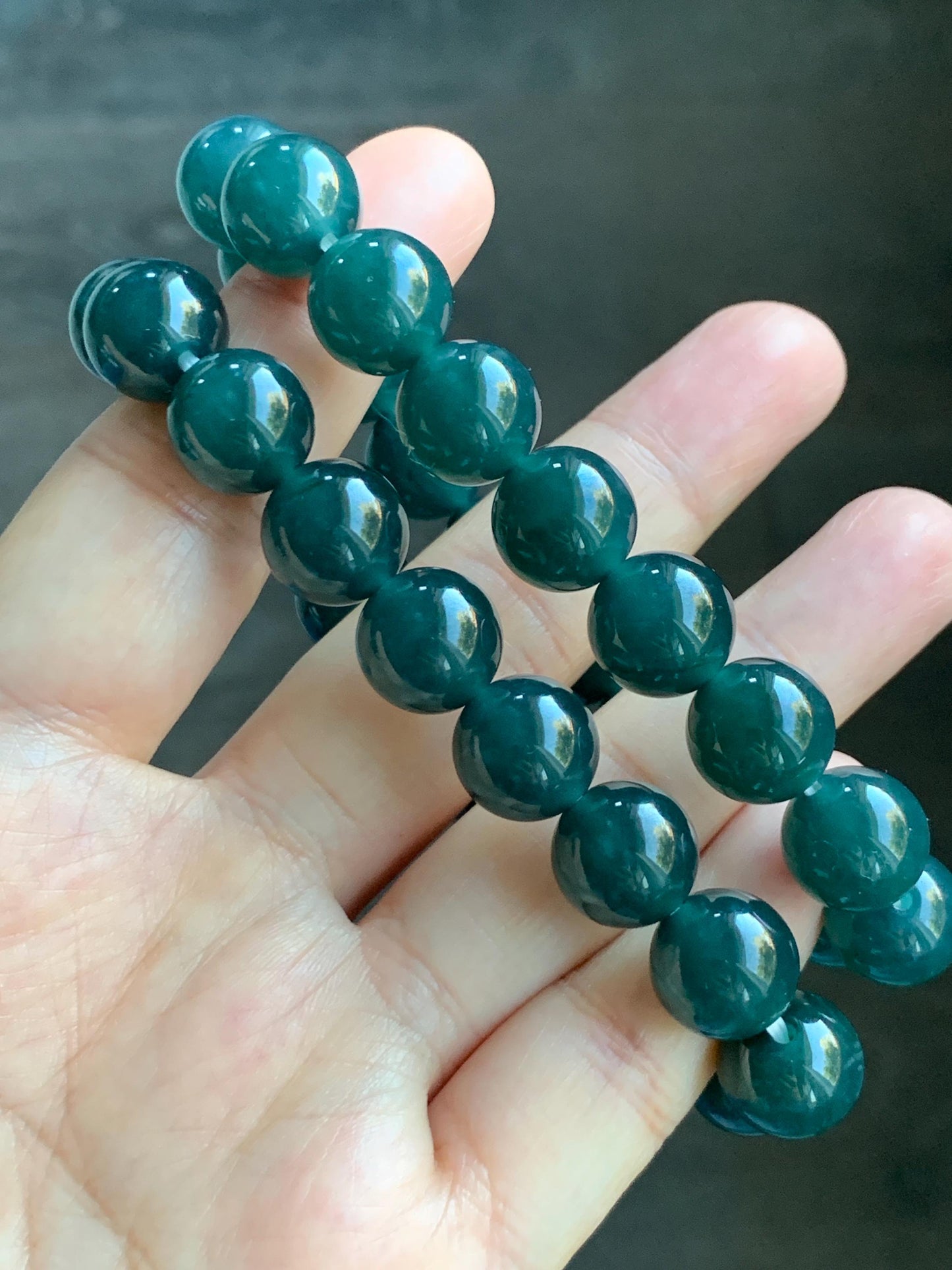Natural Guatemalan Grade A Icy Translucent Dark Teal Blue Jade Jadeite Beaded Bracelet Stretchy 11.8mm 7.25” 48g 天然冰危老种深蓝绿翡翠圆珠手串 WSL7702