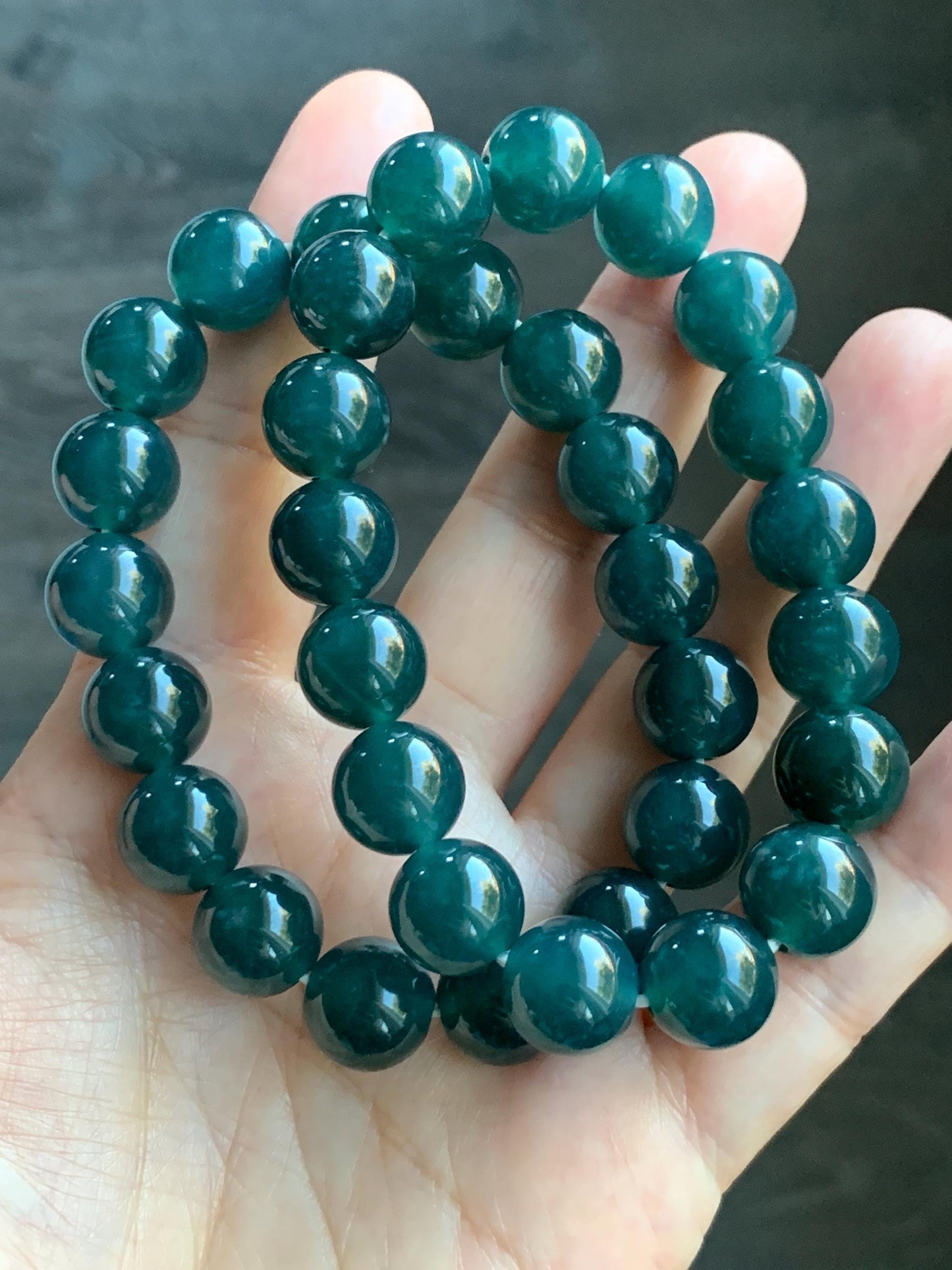 Natural Guatemalan Grade A Icy Translucent Dark Teal Blue Jade Jadeite Beaded Bracelet Stretchy 11.8mm 7.25” 48g 天然冰危老种深蓝绿翡翠圆珠手串 WSL7702