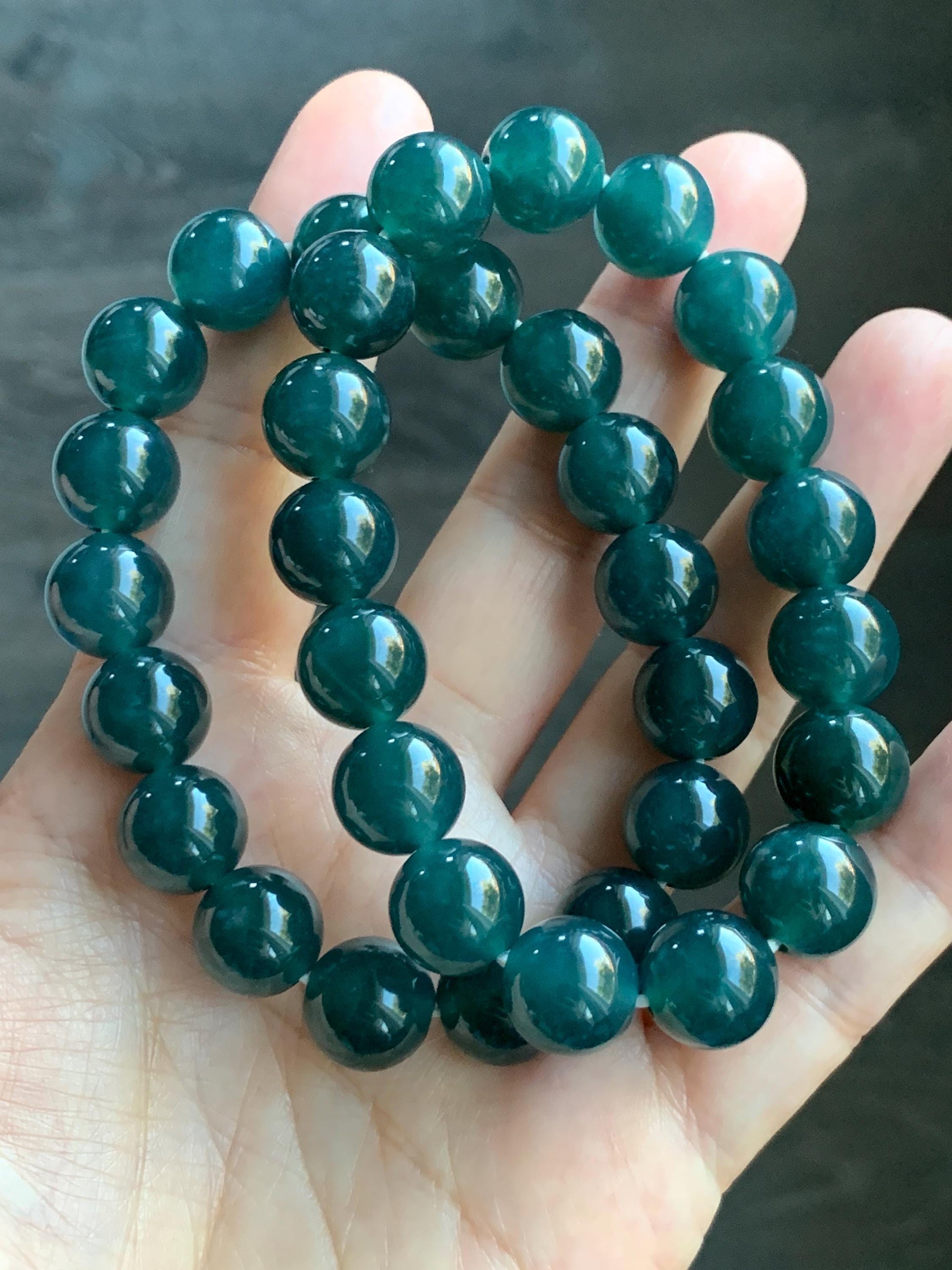 Natural Guatemalan Grade A Icy Translucent Dark Teal Blue Jade Jadeite Beaded Bracelet Stretchy 11.8mm 7.25” 48g 天然冰危老种深蓝绿翡翠圆珠手串 WSL7702