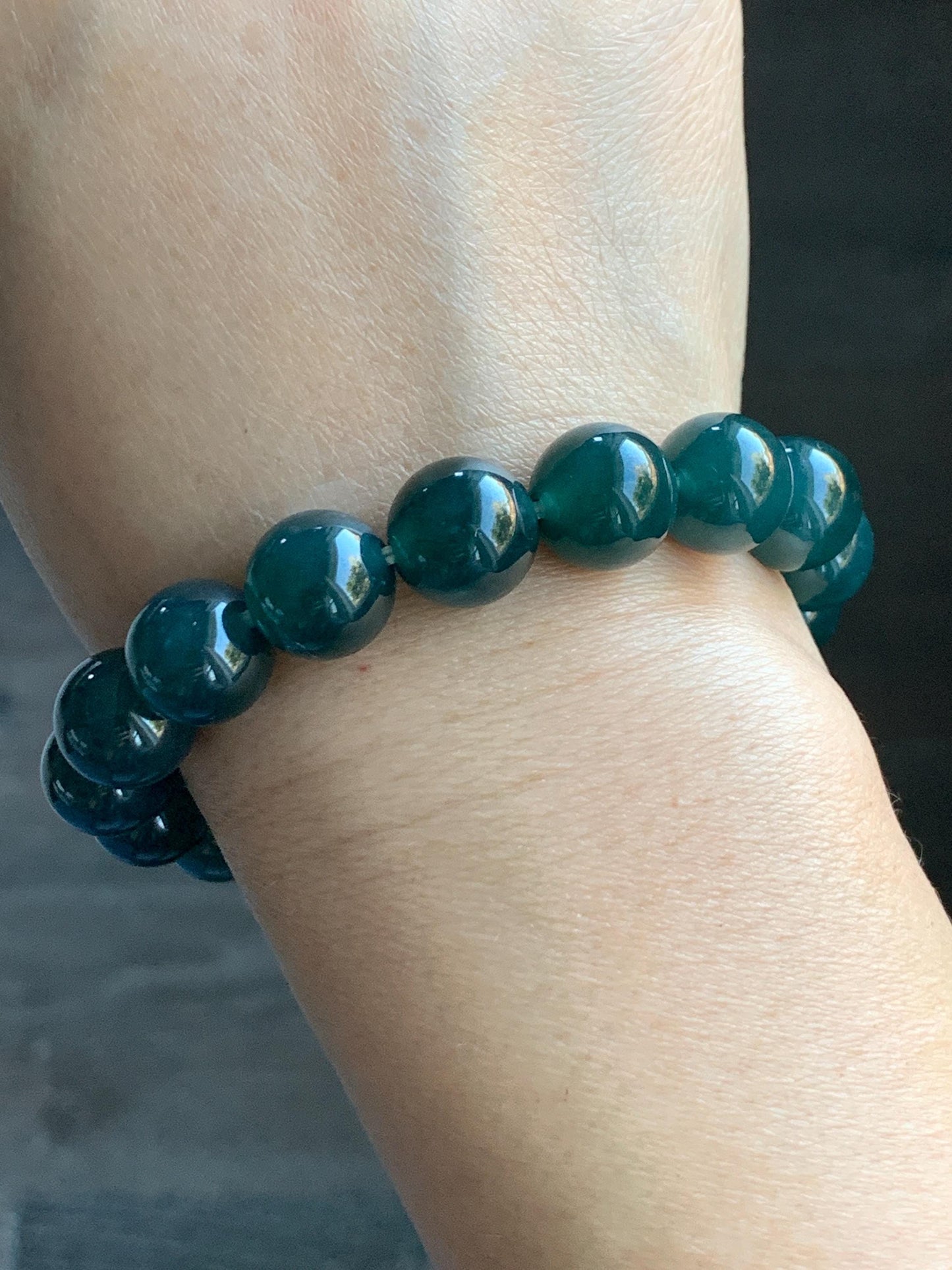 Natural Guatemalan Grade A Icy Translucent Dark Teal Blue Jade Jadeite Beaded Bracelet Stretchy 11.8mm 7.25” 48g 天然冰危老种深蓝绿翡翠圆珠手串 WSL7702
