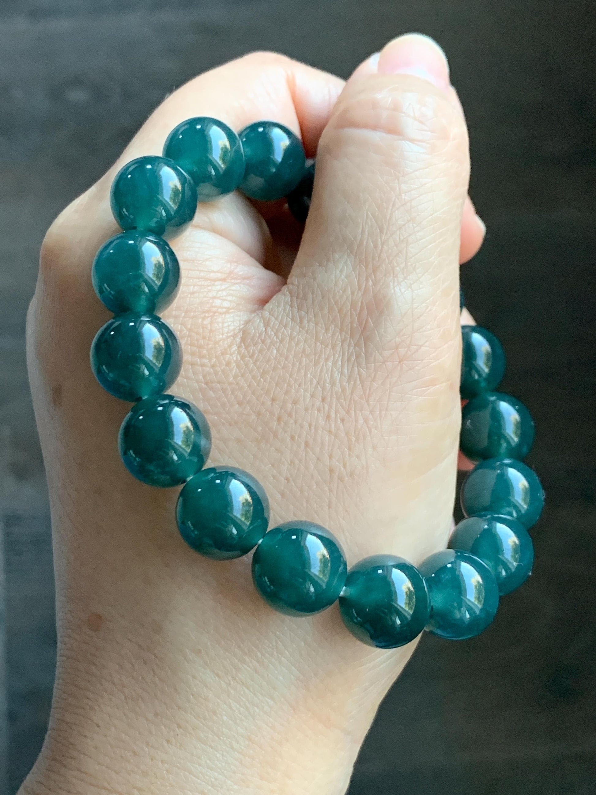 Natural Guatemalan Grade A Icy Translucent Dark Teal Blue Jade Jadeite Beaded Bracelet Stretchy 11.8mm 7.25” 48g 天然冰危老种深蓝绿翡翠圆珠手串 WSL7702