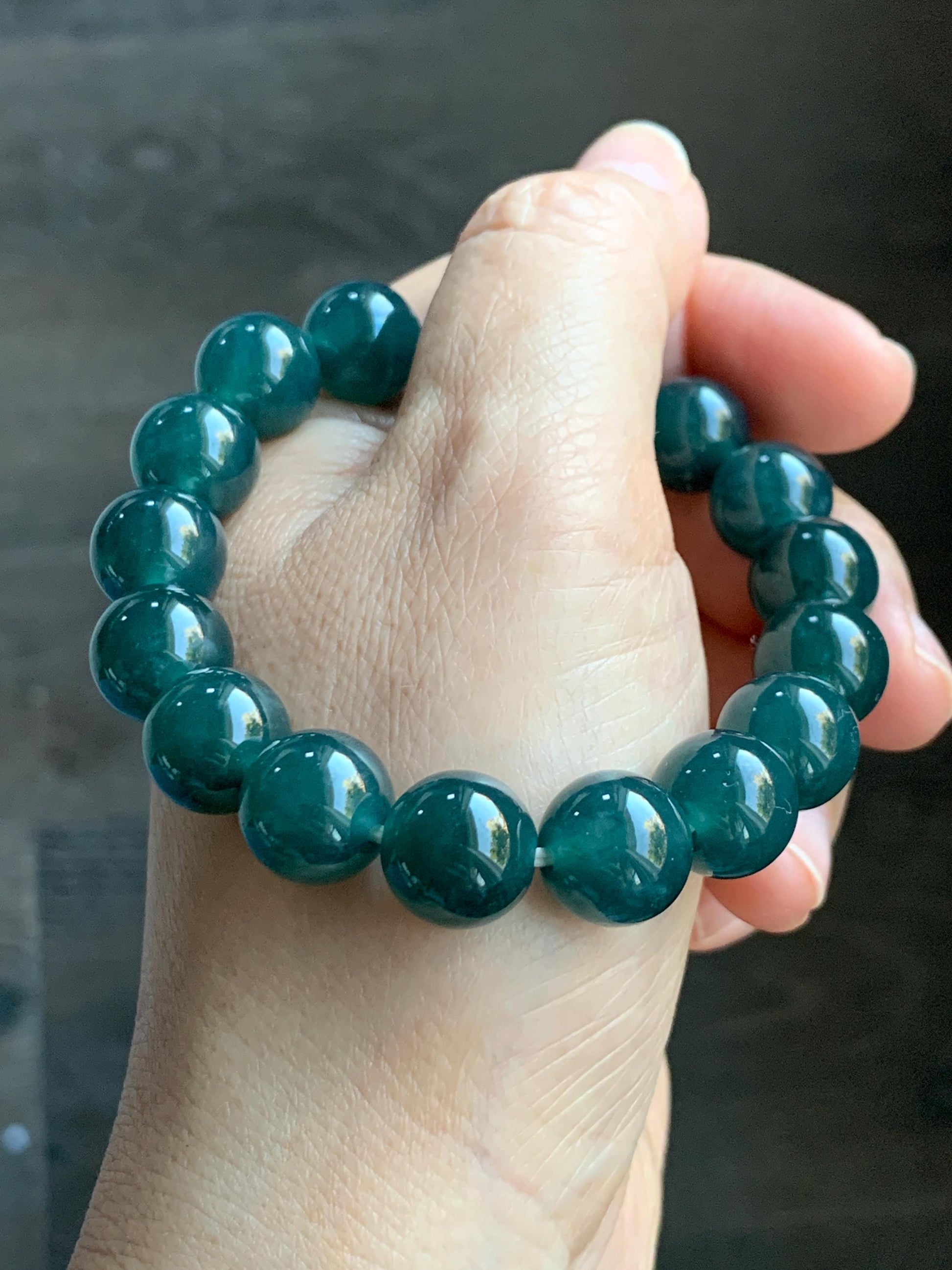 Natural Guatemalan Grade A Icy Translucent Dark Teal Blue Jade Jadeite Beaded Bracelet Stretchy 11.8mm 7.25” 48g 天然冰危老种深蓝绿翡翠圆珠手串 WSL7702