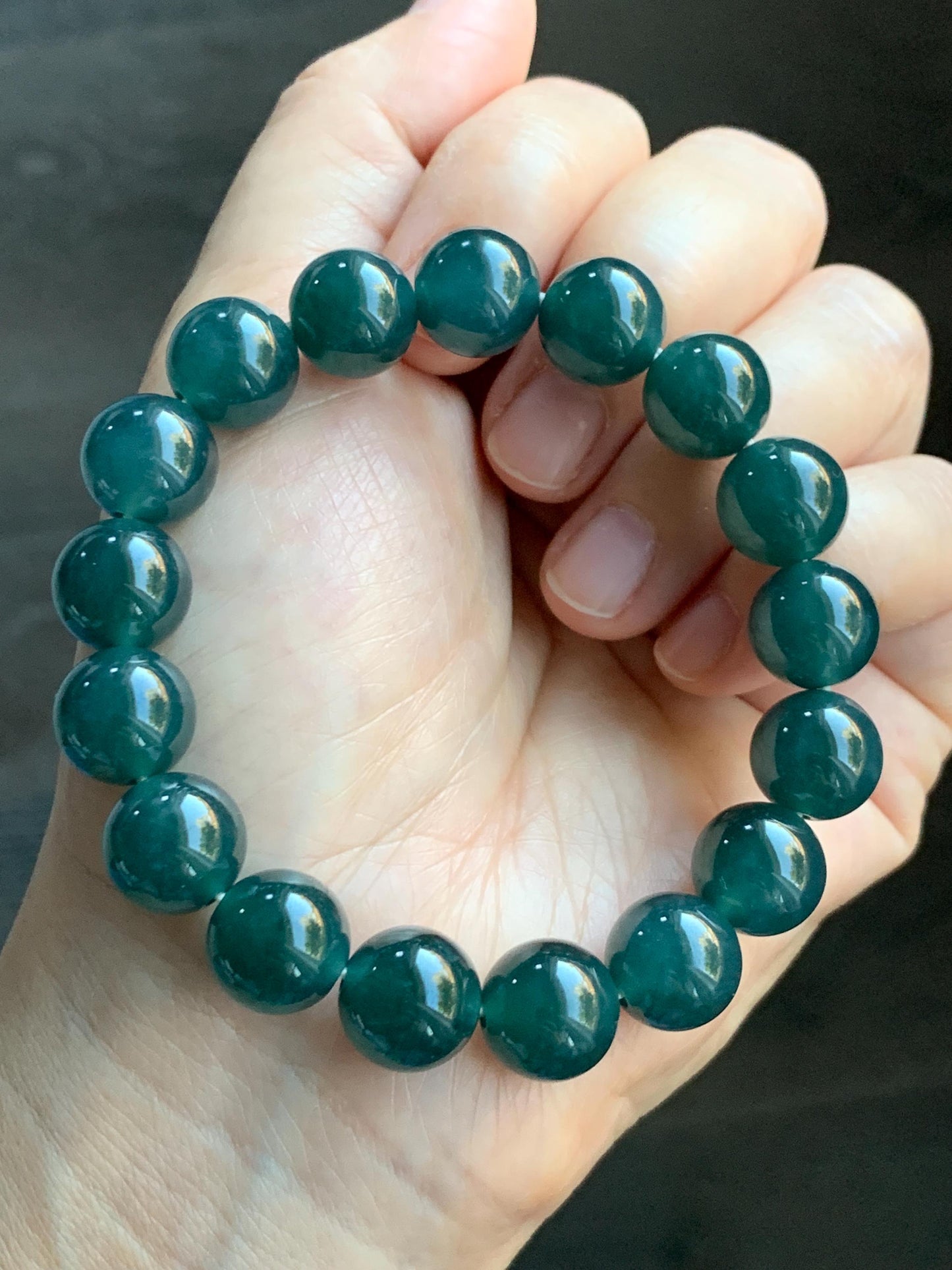 Natural Guatemalan Grade A Icy Translucent Dark Teal Blue Jade Jadeite Beaded Bracelet Stretchy 11.8mm 7.25” 48g 天然冰危老种深蓝绿翡翠圆珠手串 WSL7702