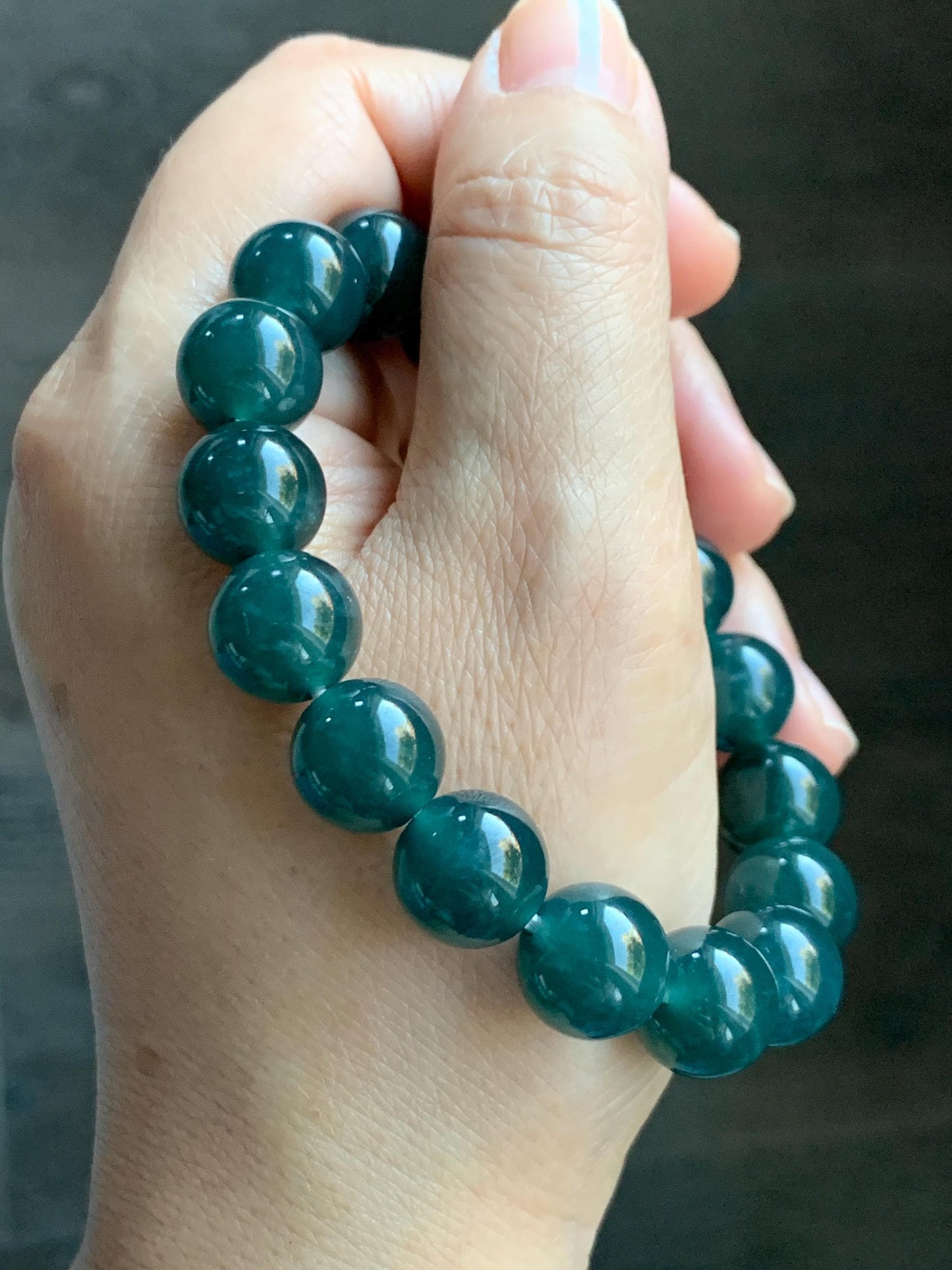 Natural Guatemalan Grade A Icy Translucent Dark Teal Blue Jade Jadeite Beaded Bracelet Stretchy 11.8mm 7.25” 48g 天然冰危老种深蓝绿翡翠圆珠手串 WSL7702