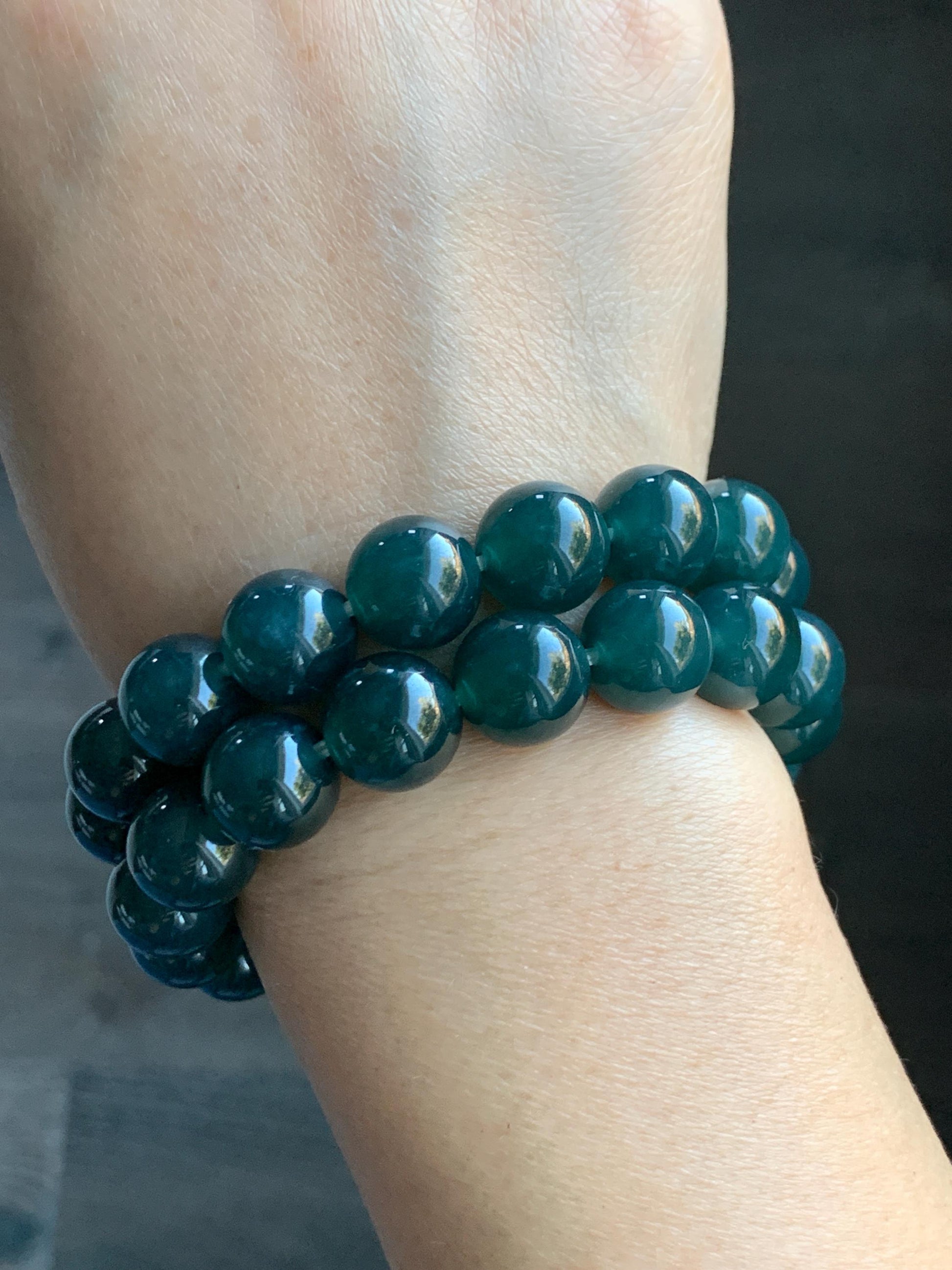 Natural Guatemalan Grade A Icy Translucent Dark Teal Blue Jade Jadeite Beaded Bracelet Stretchy 11.8mm 7.25” 48g 天然冰危老种深蓝绿翡翠圆珠手串 WSL7702