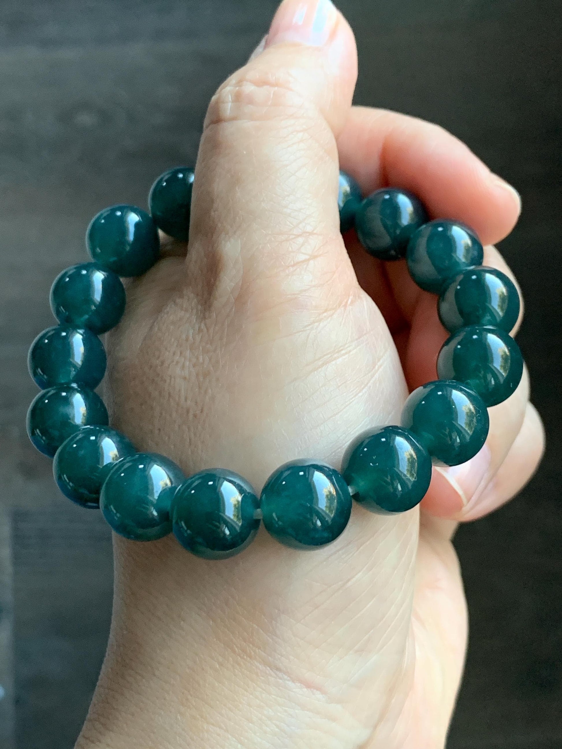 Natural Guatemalan Grade A Icy Translucent Dark Teal Blue Jade Jadeite Beaded Bracelet Stretchy 11.8mm 7.25” 48g 天然冰危老种深蓝绿翡翠圆珠手串 WSL7702