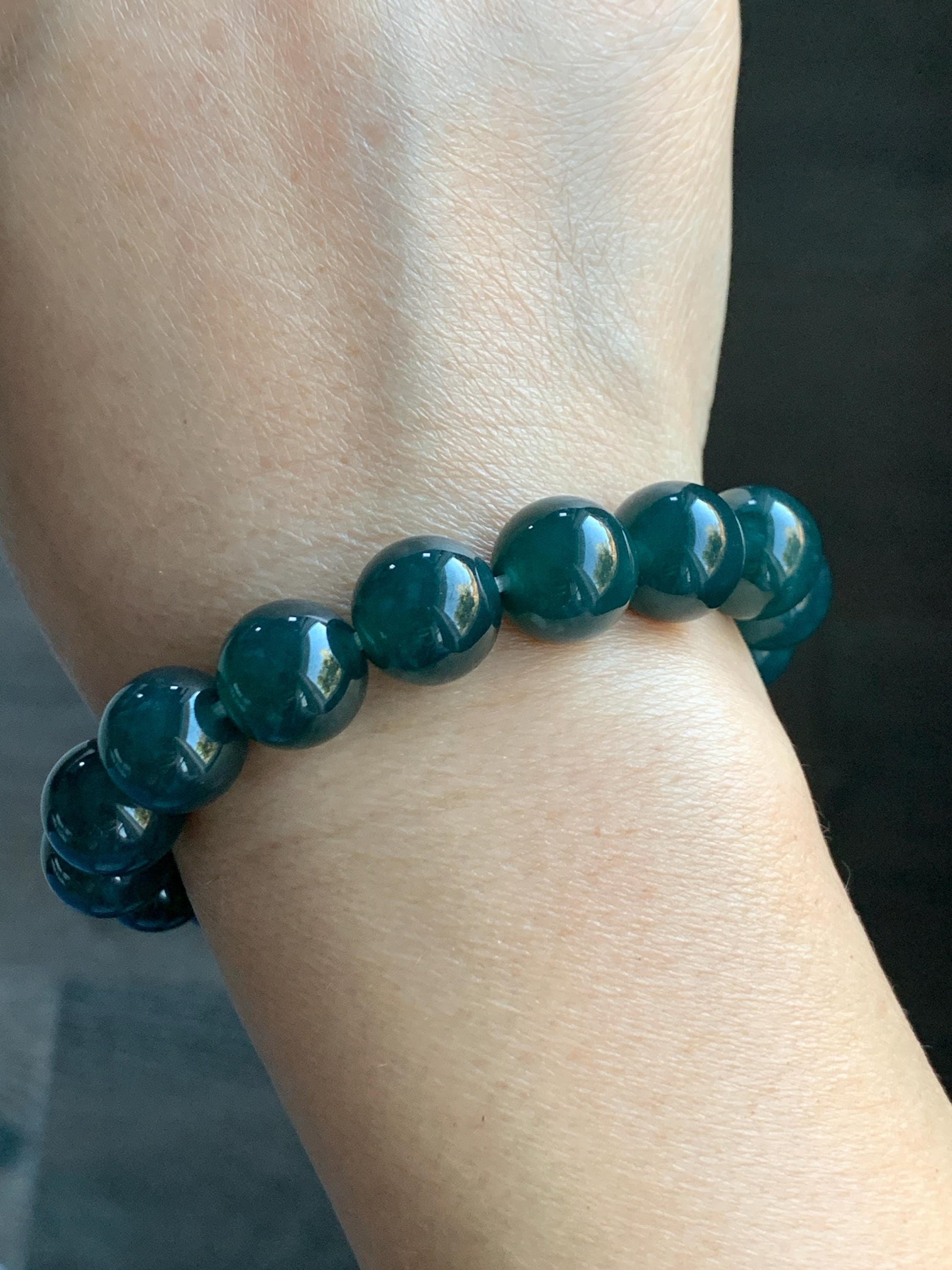 Natural Guatemalan Grade A Icy Translucent Dark Teal Blue Jade Jadeite Beaded Bracelet Stretchy 11.8mm 7.25” 48g 天然冰危老种深蓝绿翡翠圆珠手串 WSL7702