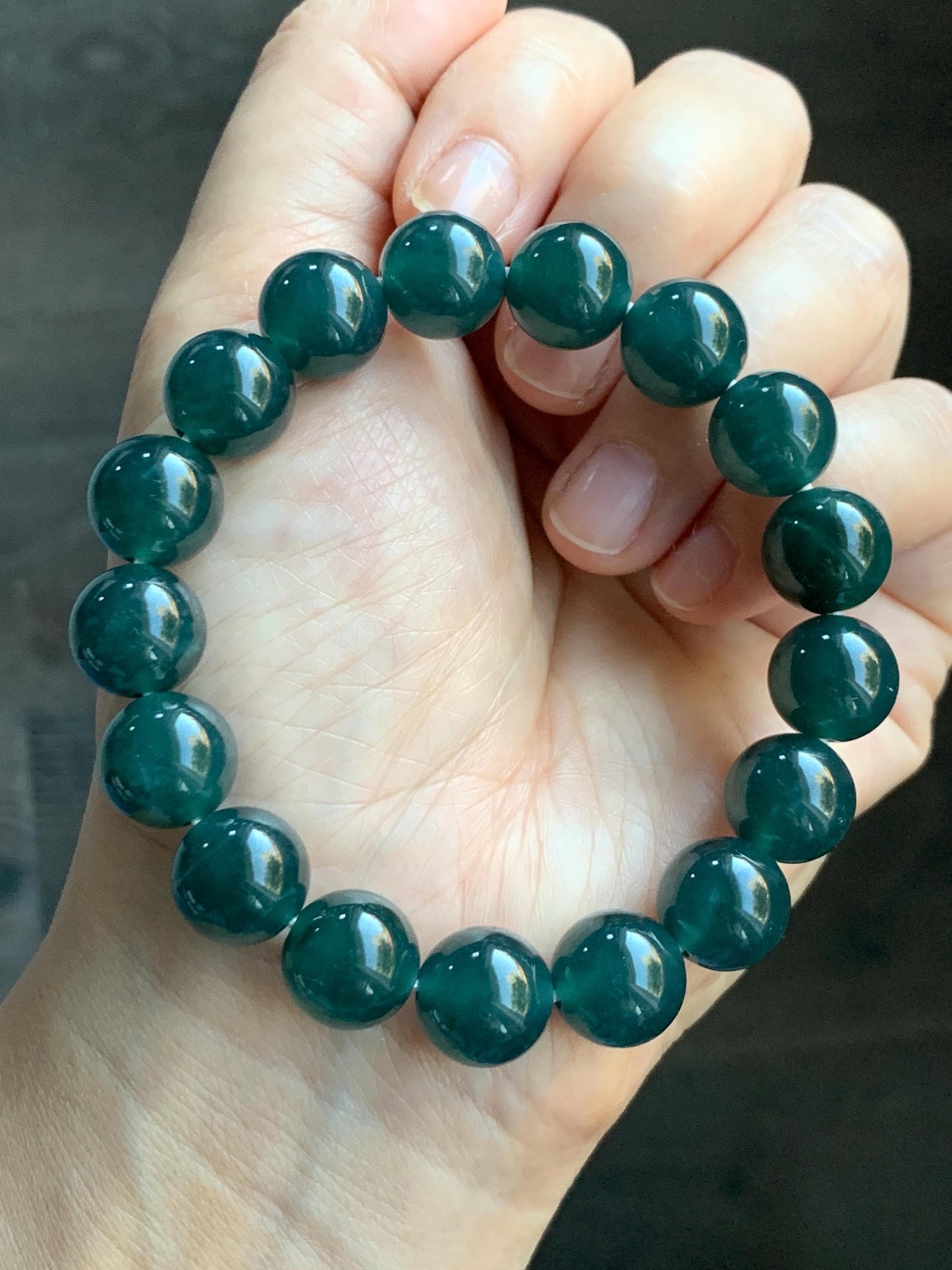 Natural Guatemalan Grade A Icy Translucent Dark Teal Blue Jade Jadeite Beaded Bracelet Stretchy 11.8mm 7.25” 48g 天然冰危老种深蓝绿翡翠圆珠手串 WSL7702
