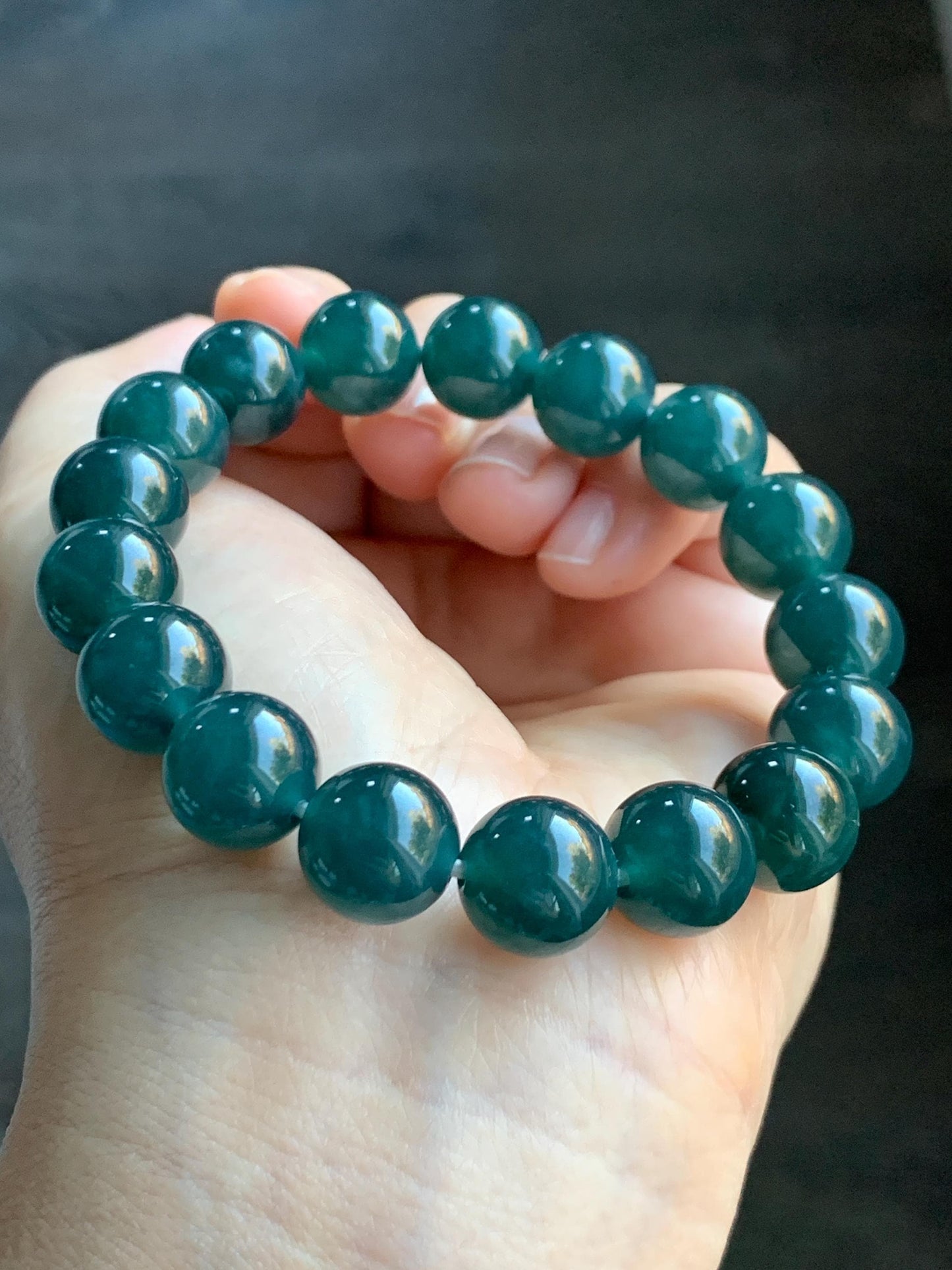 Natural Guatemalan Grade A Icy Translucent Dark Teal Blue Jade Jadeite Beaded Bracelet Stretchy 11.8mm 7.25” 48g 天然冰危老种深蓝绿翡翠圆珠手串 WSL7702