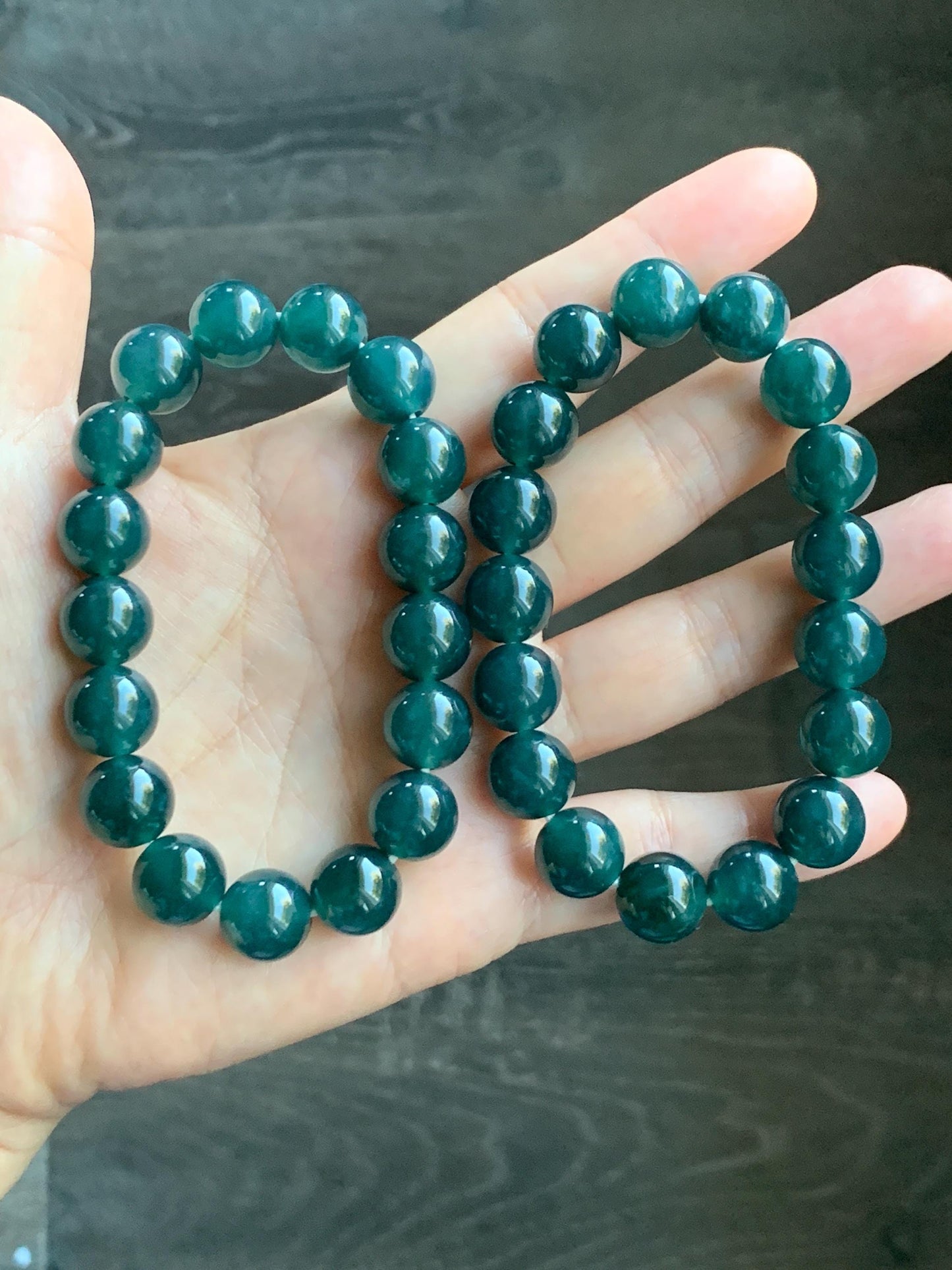 Natural Guatemalan Grade A Icy Translucent Dark Teal Blue Jade Jadeite Beaded Bracelet Stretchy 11.8mm 7.25” 48g 天然冰危老种深蓝绿翡翠圆珠手串 WSL7702