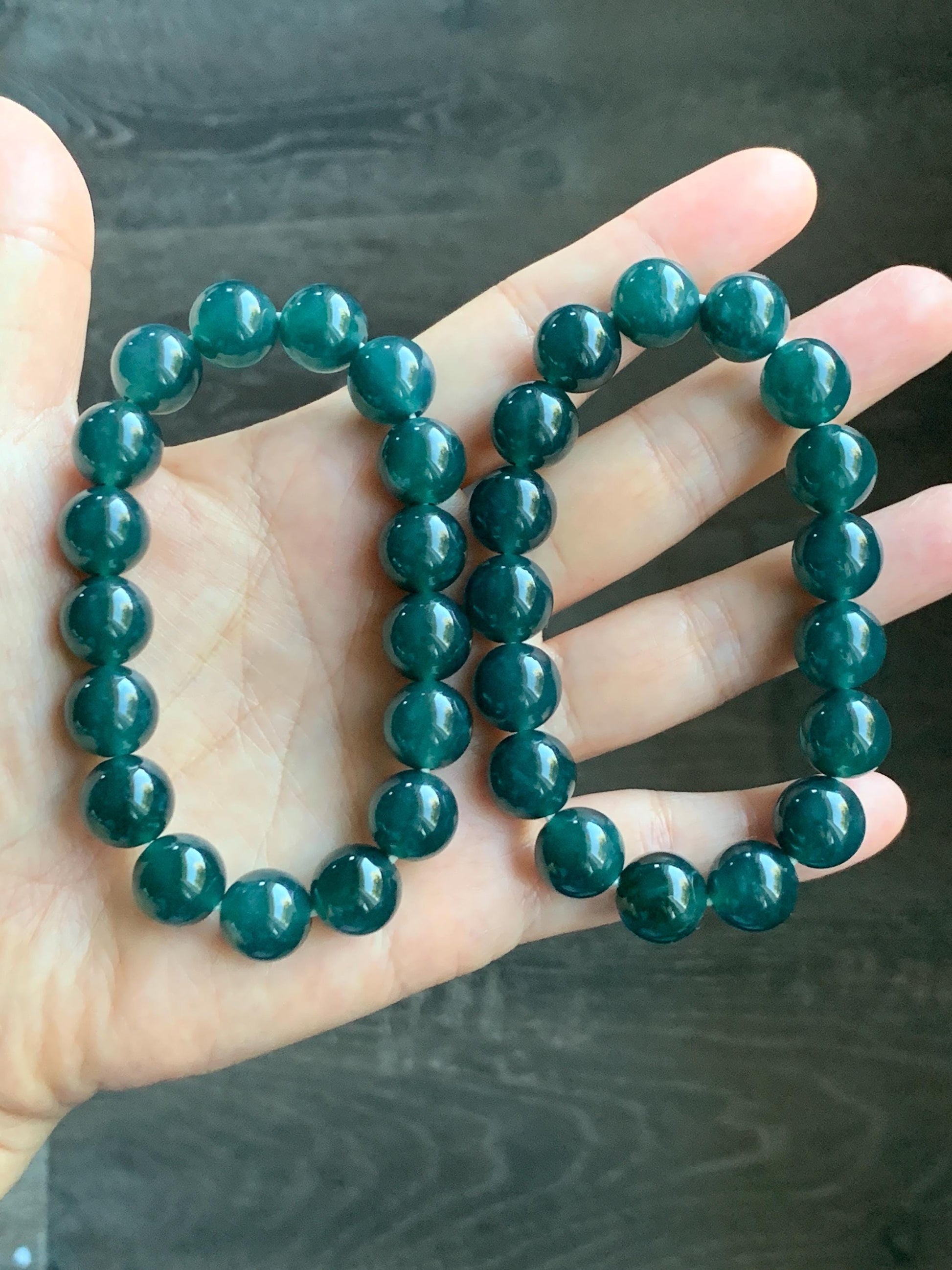 Natural Guatemalan Grade A Icy Translucent Dark Teal Blue Jade Jadeite Beaded Bracelet Stretchy 11.8mm 7.25” 48g 天然冰危老种深蓝绿翡翠圆珠手串 WSL7702
