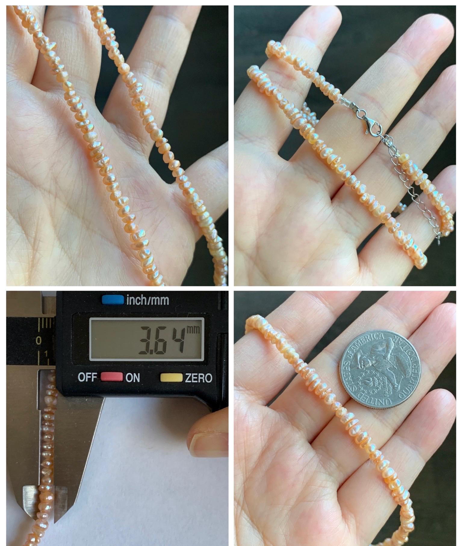 Natural Freshwater All-Nacre Metallica Peachy Pink Petite Baroque Pearls Necklace Sterling Silver 3.6mm 15”-16.5” 9g 天然淡水无核桃粉巴洛克珍珠项链 TSP1602