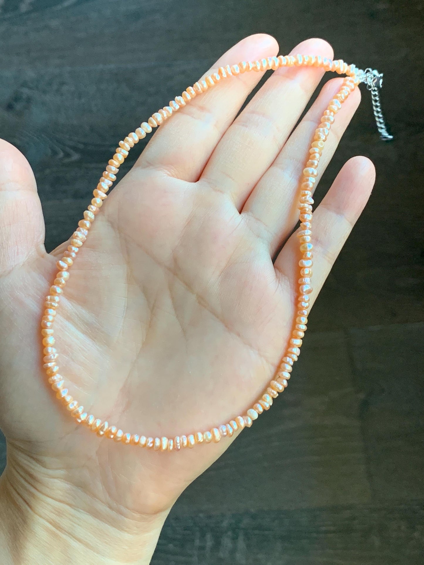 Natural Freshwater All-Nacre Metallica Peachy Pink Petite Baroque Pearls Necklace Sterling Silver 3.6mm 15”-16.5” 9g 天然淡水无核桃粉巴洛克珍珠项链 TSP1602