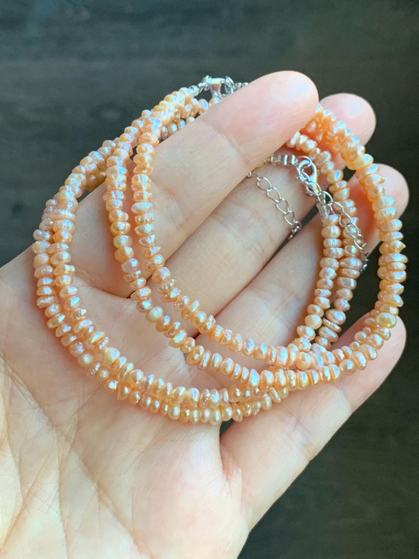 Natural Freshwater All-Nacre Metallica Peachy Pink Petite Baroque Pearls Necklace Sterling Silver 3.6mm 15”-16.5” 9g 天然淡水无核桃粉巴洛克珍珠项链 TSP1602