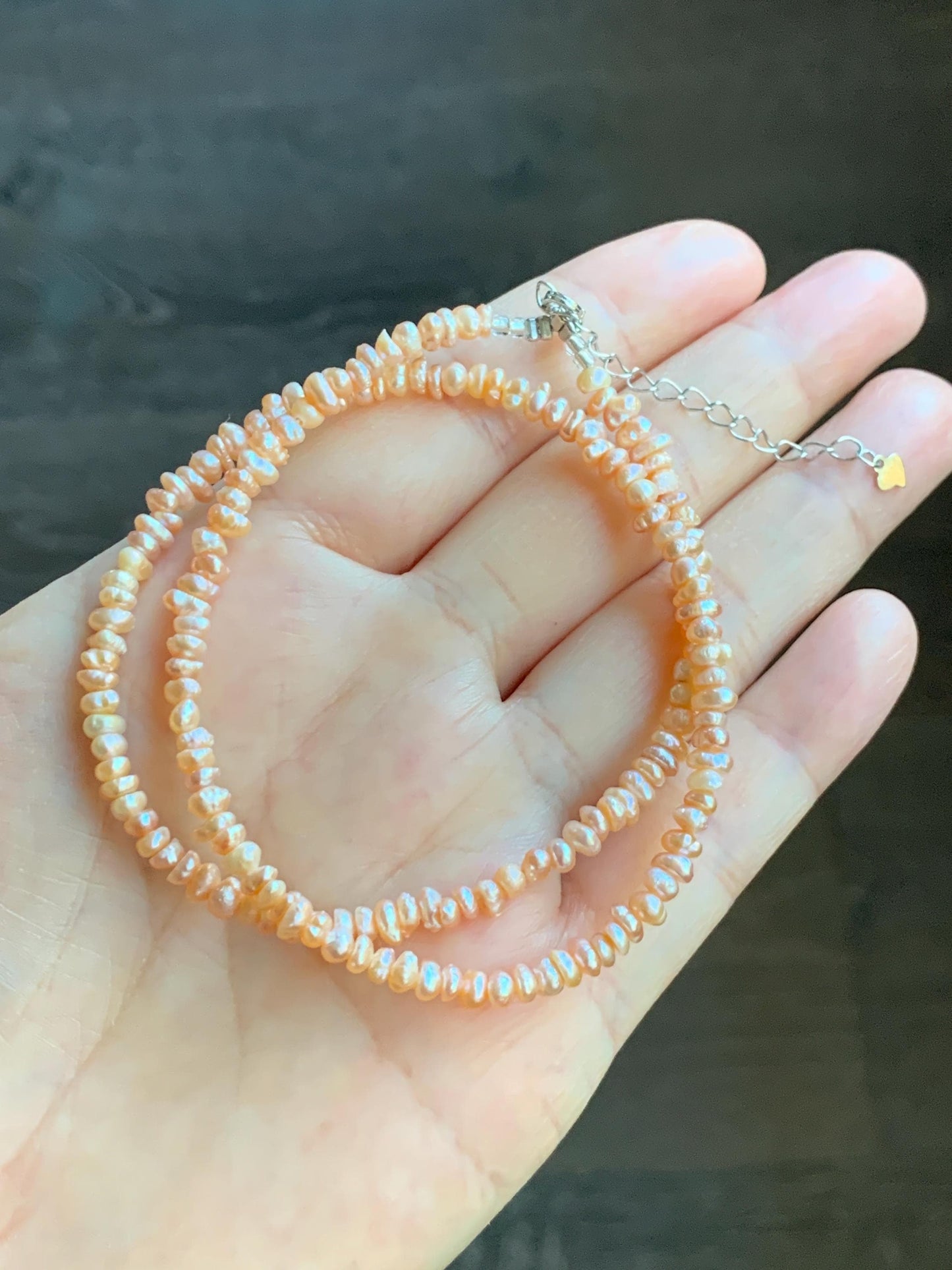 Natural Freshwater All-Nacre Metallica Peachy Pink Petite Baroque Pearls Necklace Sterling Silver 3.6mm 15”-16.5” 9g 天然淡水无核桃粉巴洛克珍珠项链 TSP1602