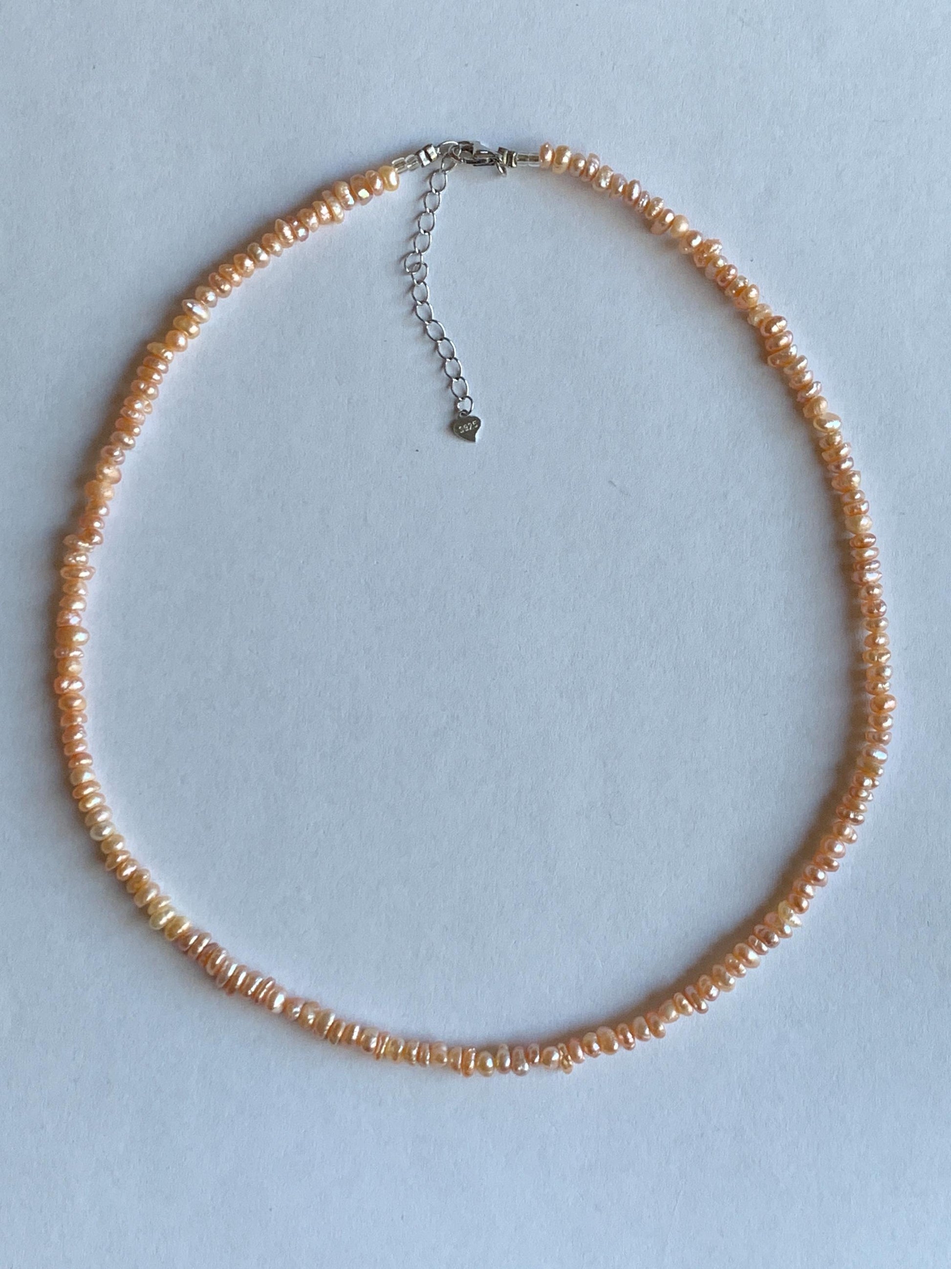 Natural Freshwater All-Nacre Metallica Peachy Pink Petite Baroque Pearls Necklace Sterling Silver 3.6mm 15”-16.5” 9g 天然淡水无核桃粉巴洛克珍珠项链 TSP1602