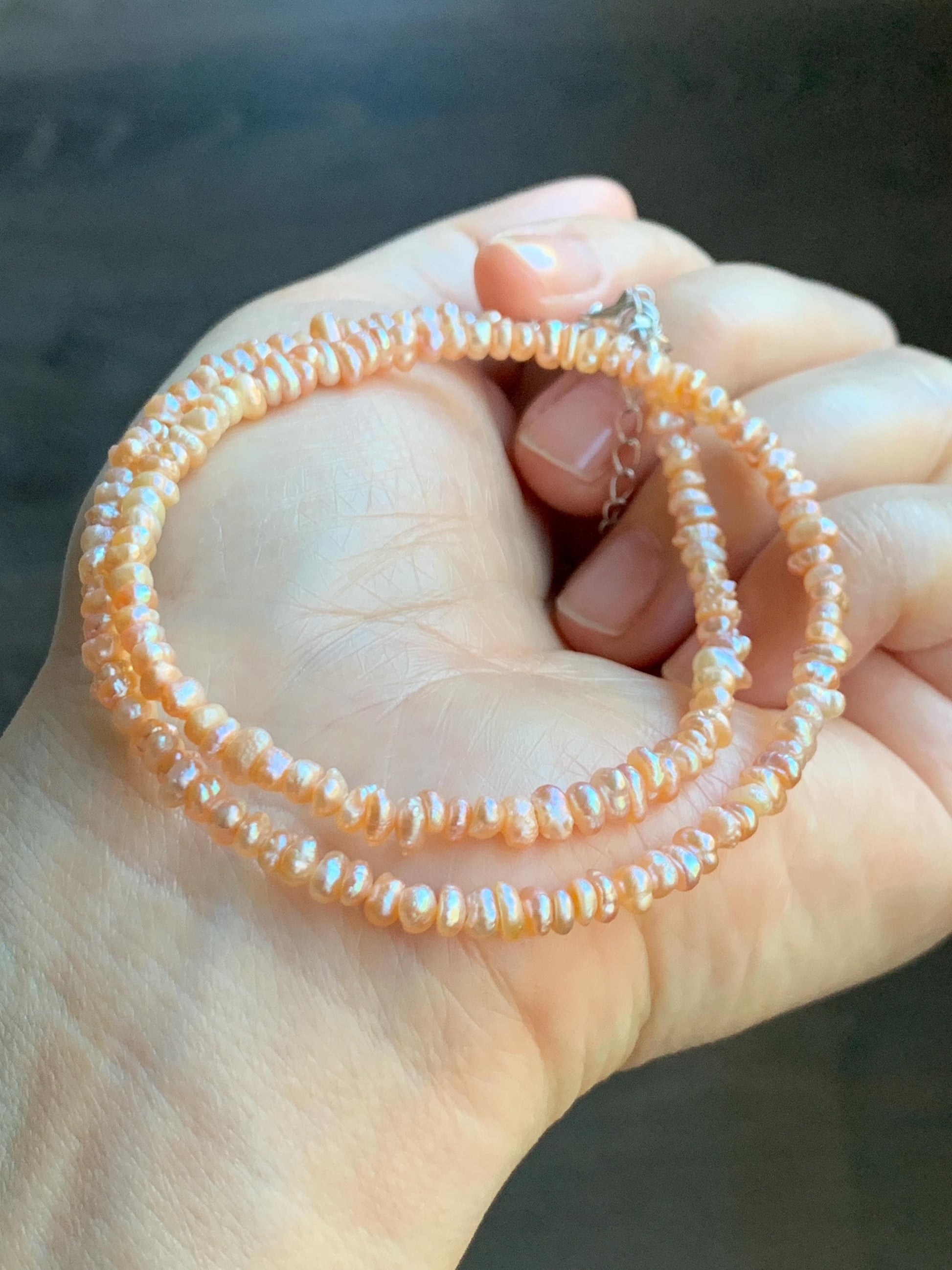 Natural Freshwater All-Nacre Metallica Peachy Pink Petite Baroque Pearls Necklace Sterling Silver 3.6mm 15”-16.5” 9g 天然淡水无核桃粉巴洛克珍珠项链 TSP1602